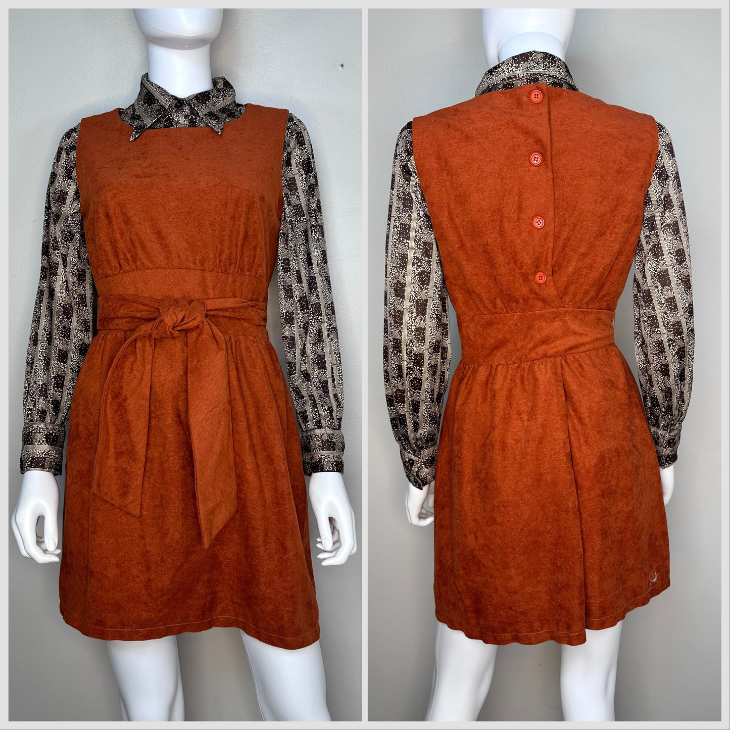 1970s Rust Velour Sleeveless Dress, Size Small, Jumper