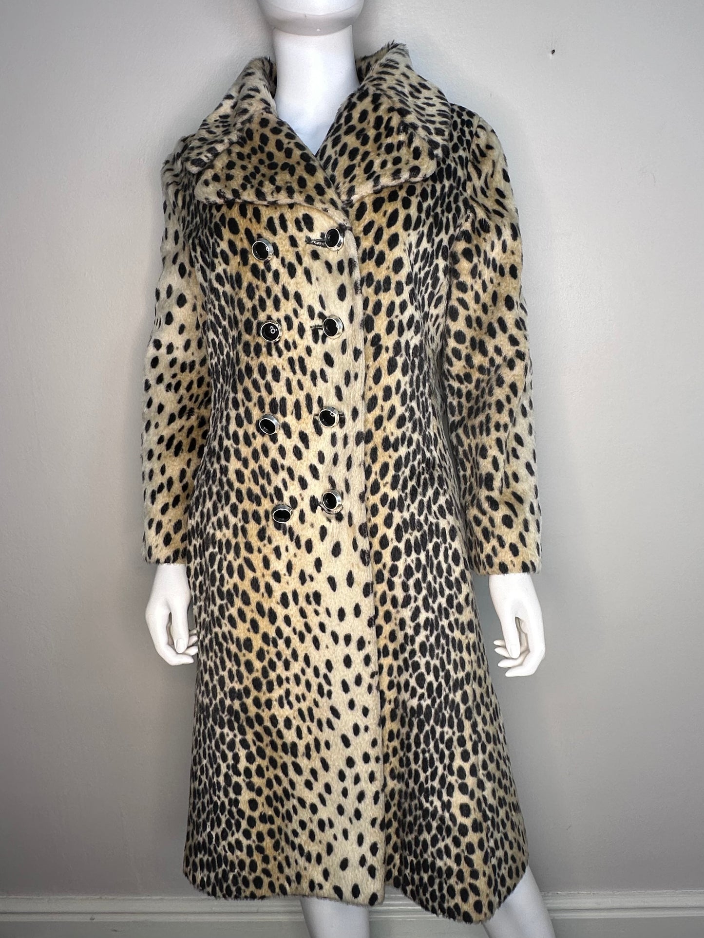 1960s Animal Print Faux Fur Long Coat, Size Medium, Cheetah, Leopard