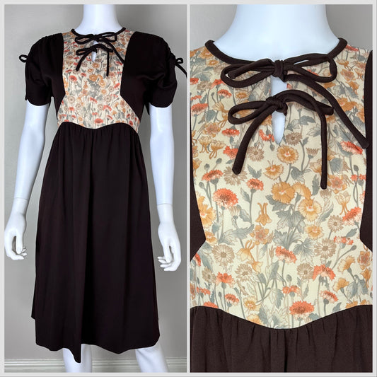 1970s Brown Floral Dress, Handmade Size Medium, Wild Flowers