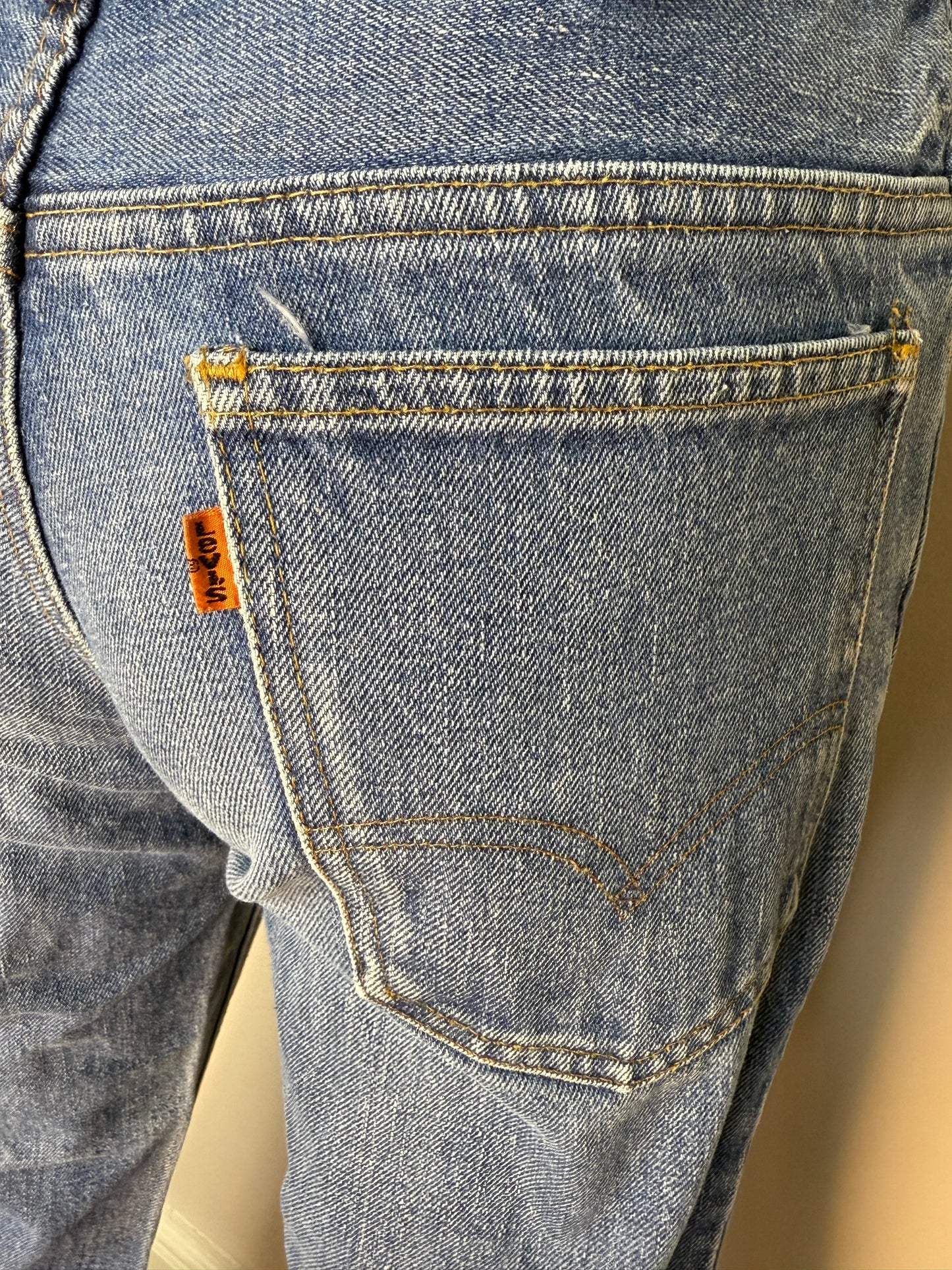 1970s Levi’s 684 Bellbottom Blue Jeans, 29"x31", Orange Tab