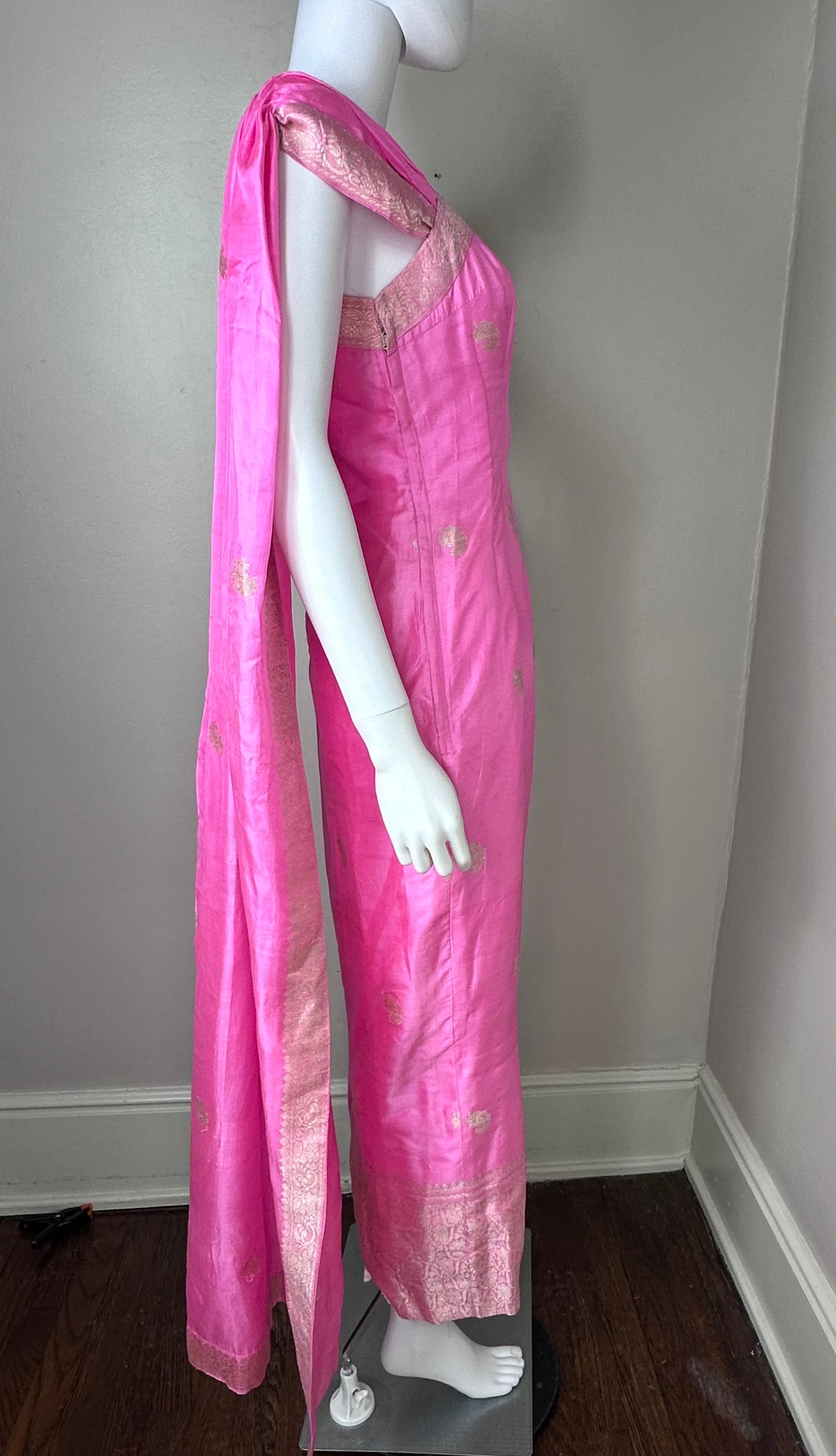 1960s Pink Indian Sari Inspired Evening Gown Maxi Dress, Size X-Small
