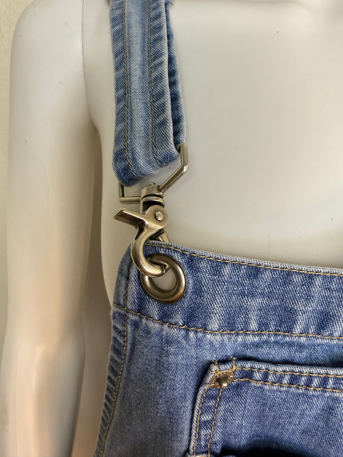 1990s Denim Shortalls with Clip Straps, London London Overalls Size Medium, Blue Jean