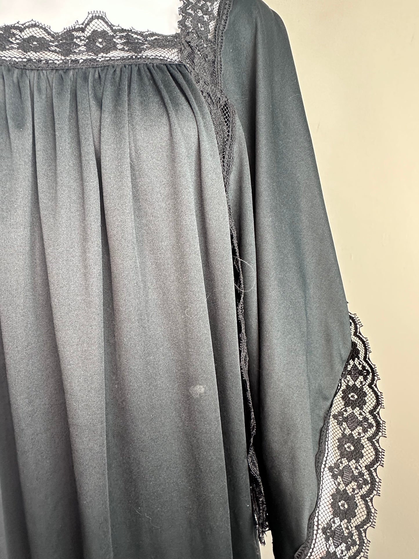 1970s Black Boho Maxi Dress with Large Handkerchief Sleeves, Size XL, Muumuu Caftan