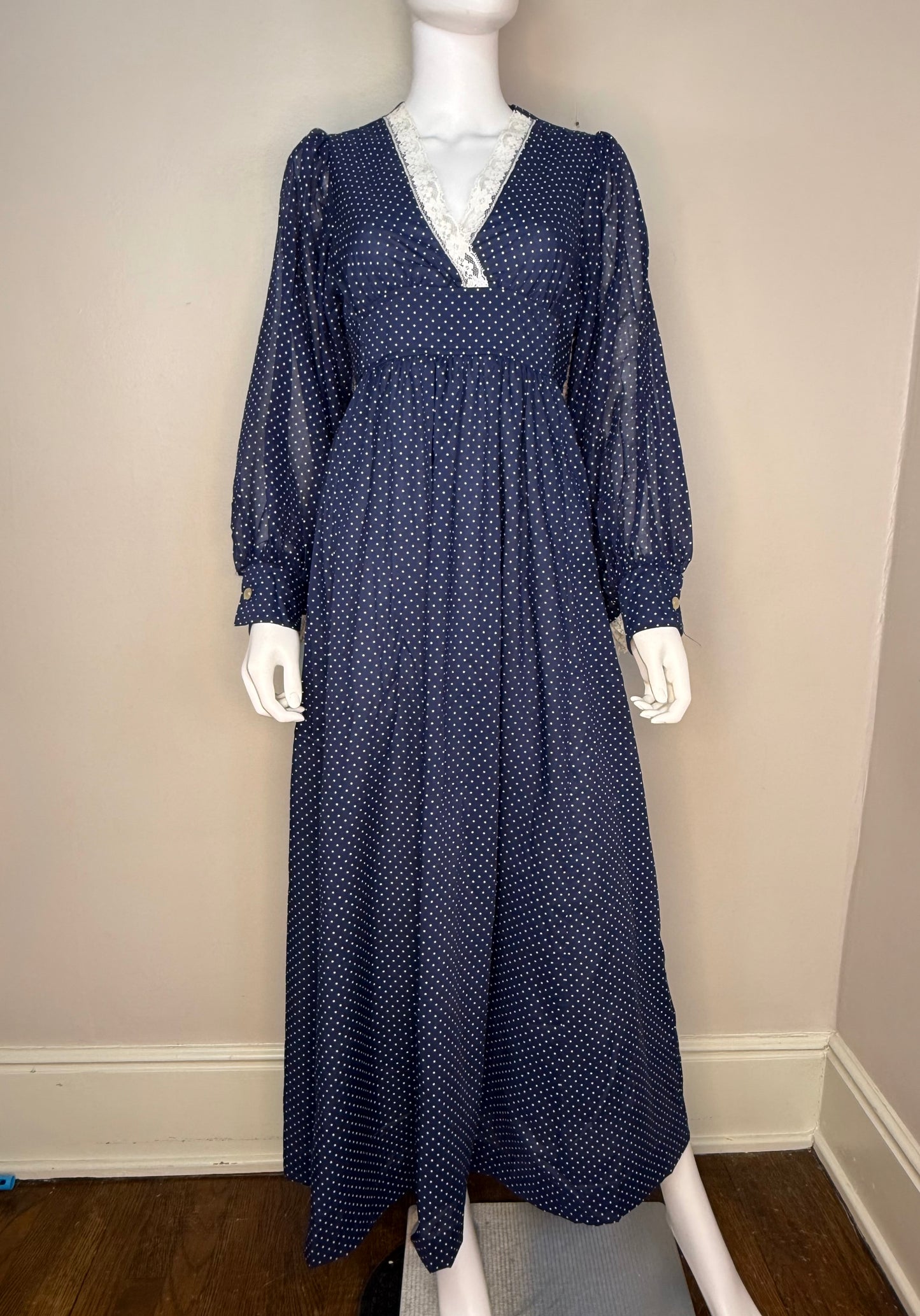 1970s Navy Blue Polka Dot Maxi Dress, Size Small-Medium, Huge Bishop Sleeves with Lace Trim