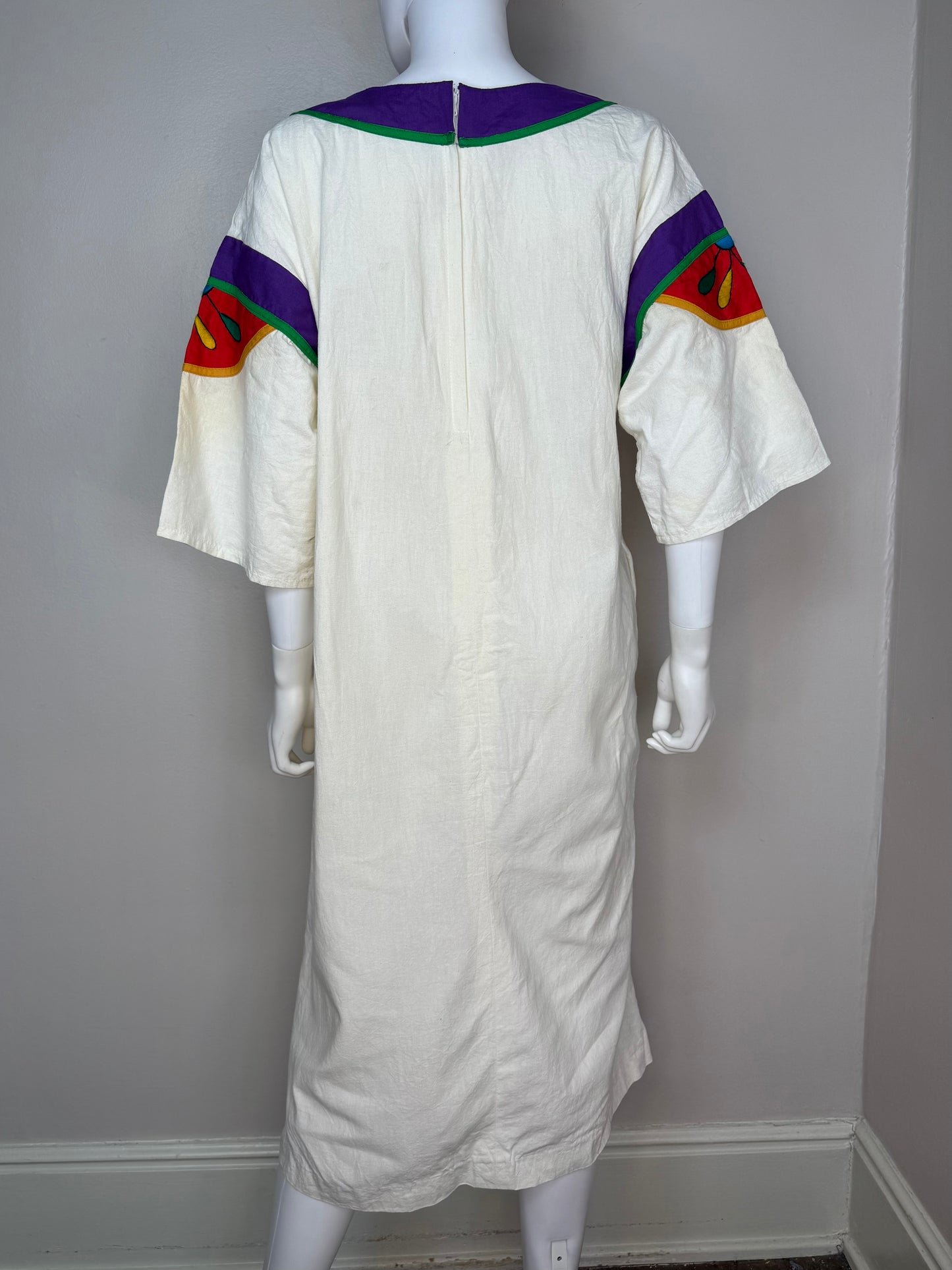 1970s Bright Embroidered and Appliquéd Midi Caftan Dress, Victor Camarena Mexico Size Medium, Wearable Art