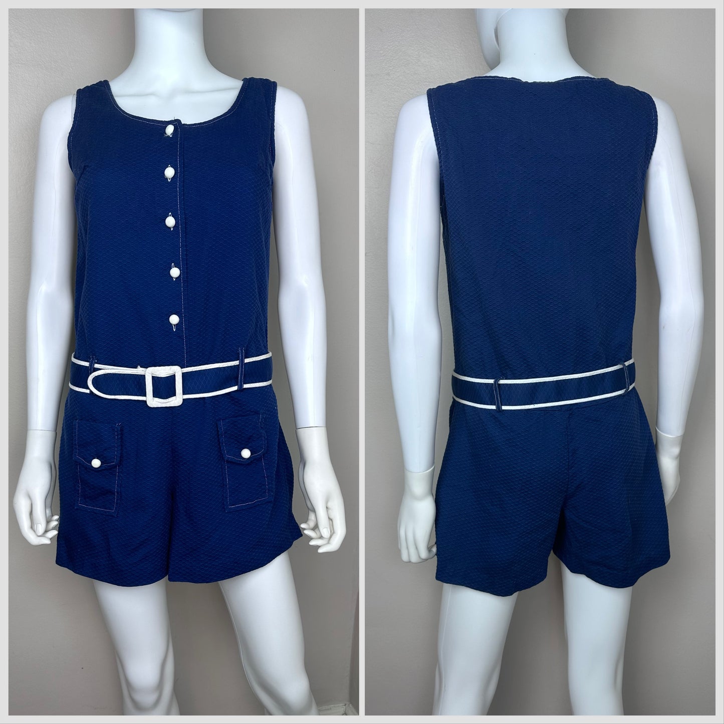 1970s Navy Blue Mod Romper, Size Small, Sleeveless, Drop Waist