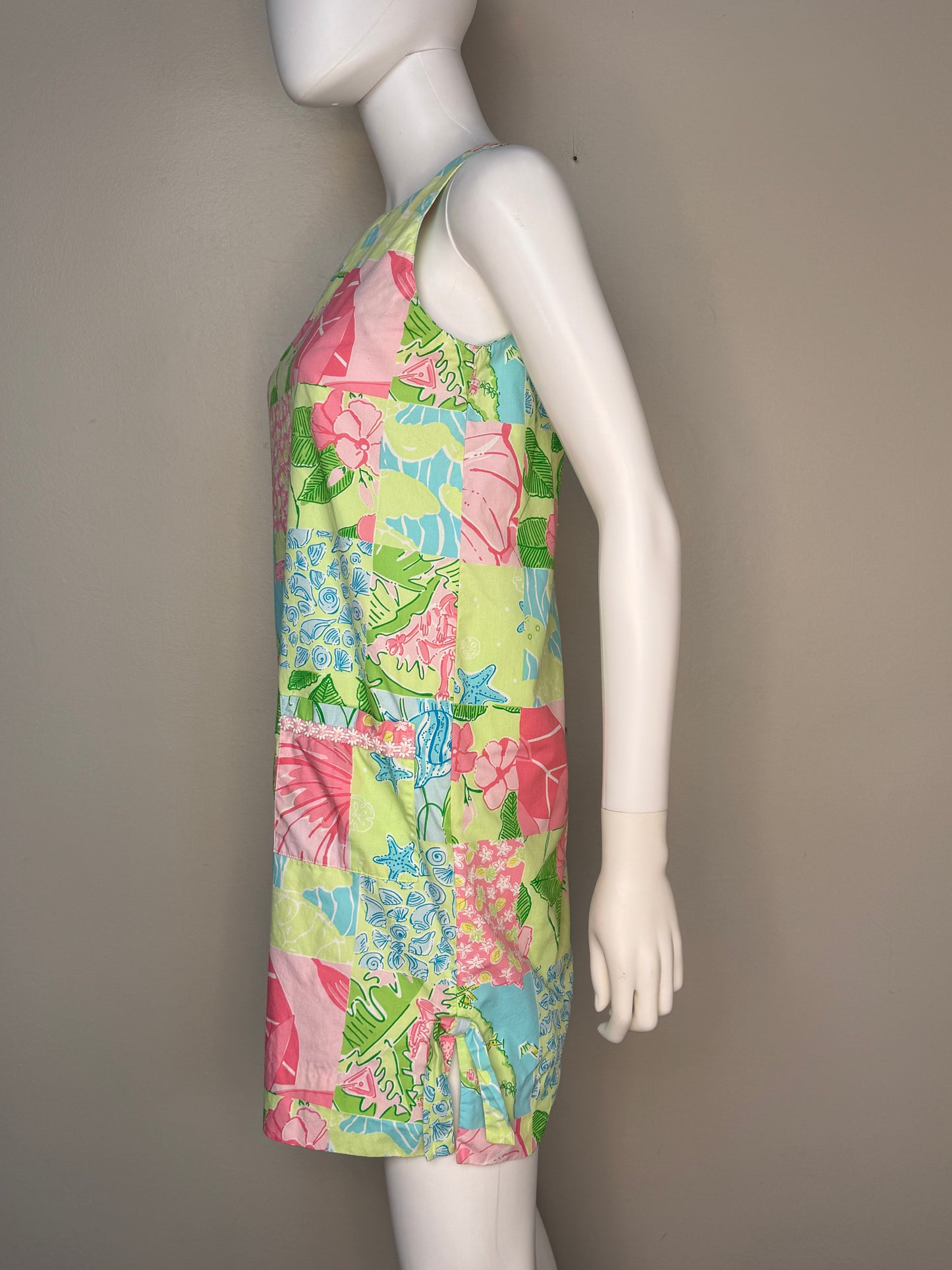 Y2K Lilly Pulitzer Patchwork Print Shift Dress, White Label, Size 4, Small, Florida Floral