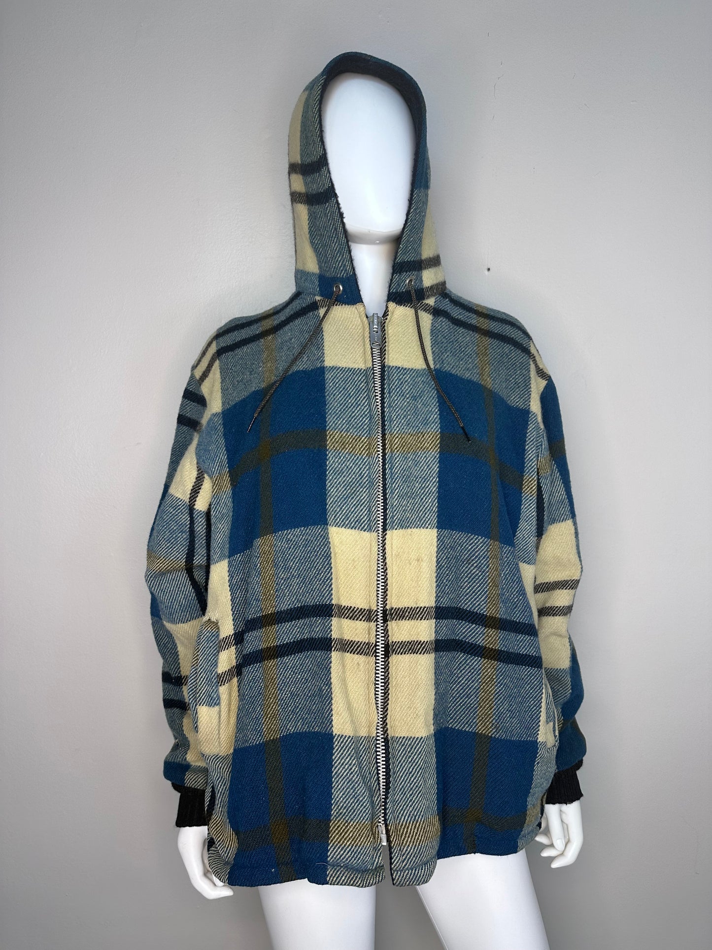 1950s/60s Blue Plaid Wool Hooded Jacket, Woolrich Size Medium