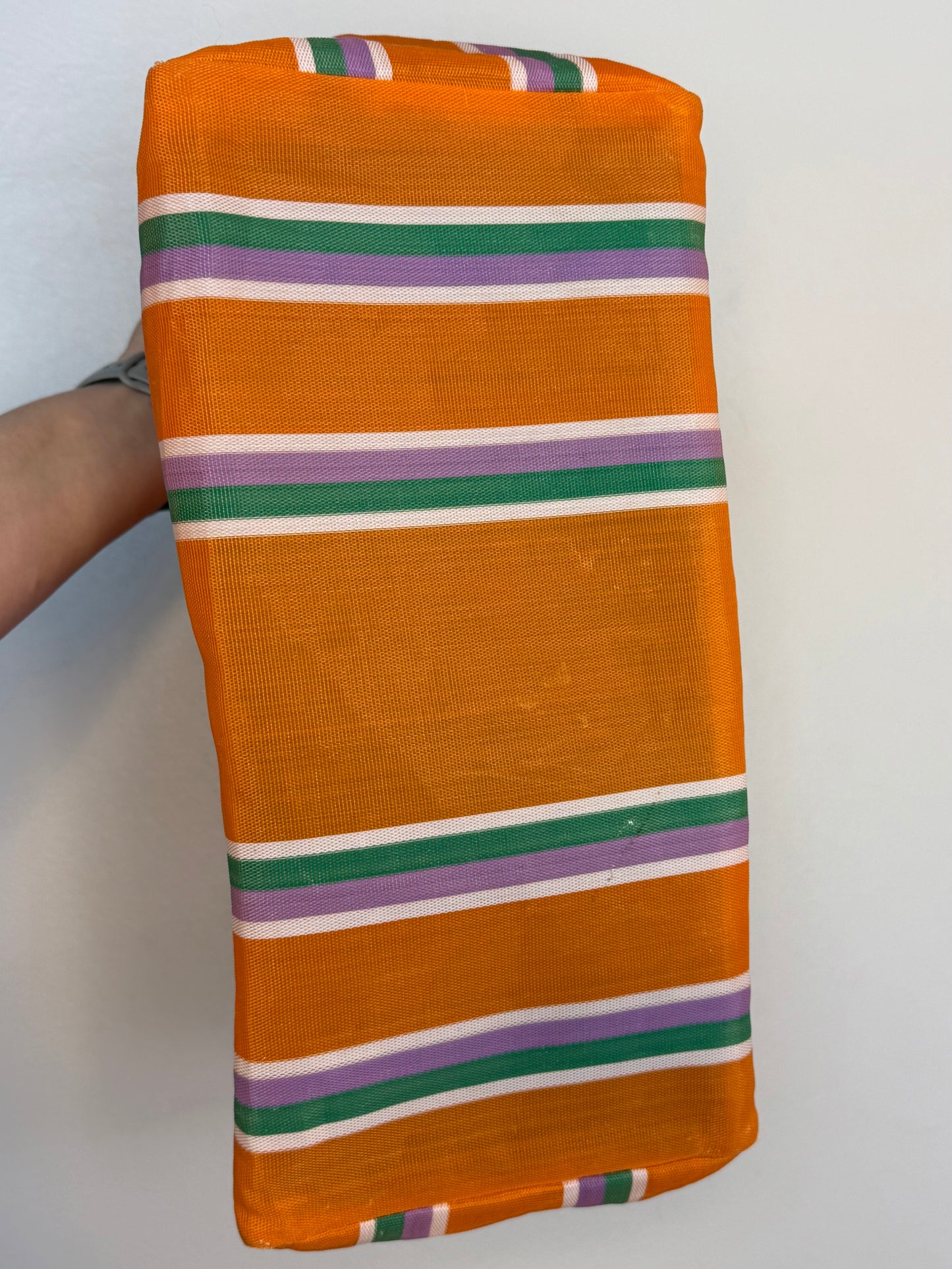 1970s Orange Stripe Large Shopping Tote Bag, KGA Spain, Woven Polyethylene with Metal Handles