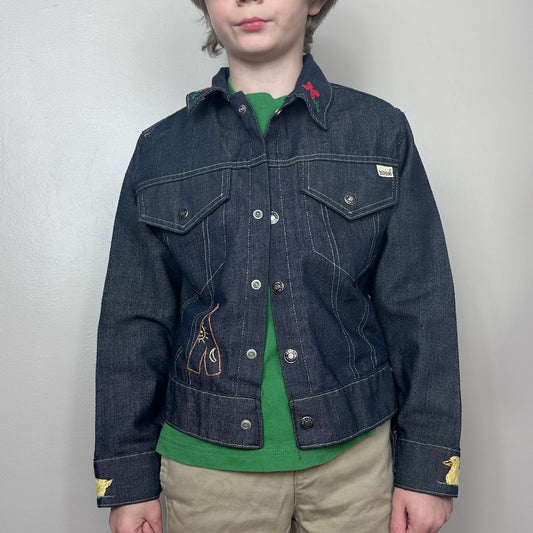 1970s Kids Blue Jean Jacket with Hand Stitched Embroidery, Toughskins Denim, Sears Boys Size 8/9