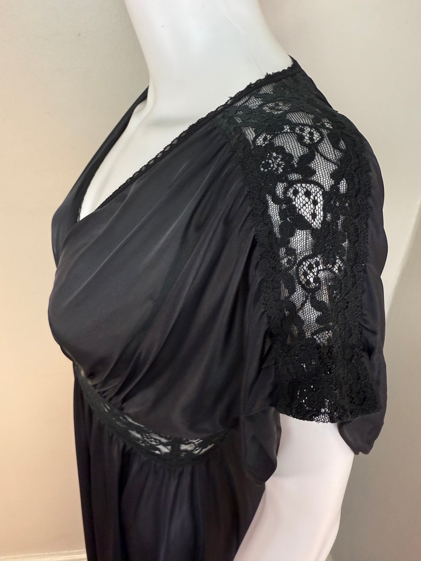 1970s Black Olga Secret Hug Nightgown, Size XS/Small, Lace Cut Outs, Full Length, Lingerie