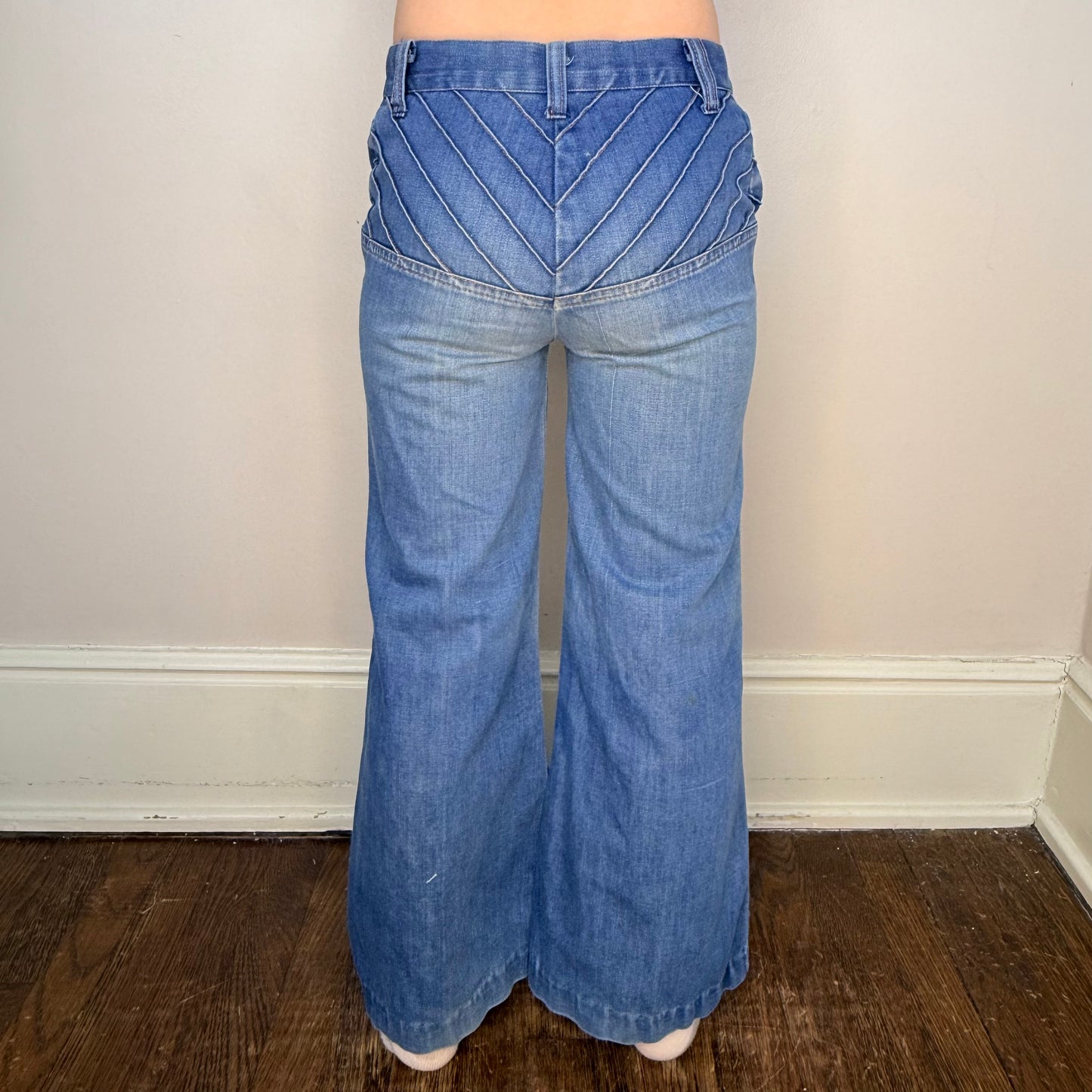 1970s Kids Bellbottom Blue Jeans with Pintucks, Sears Roebuck and Co Size 8 Slim