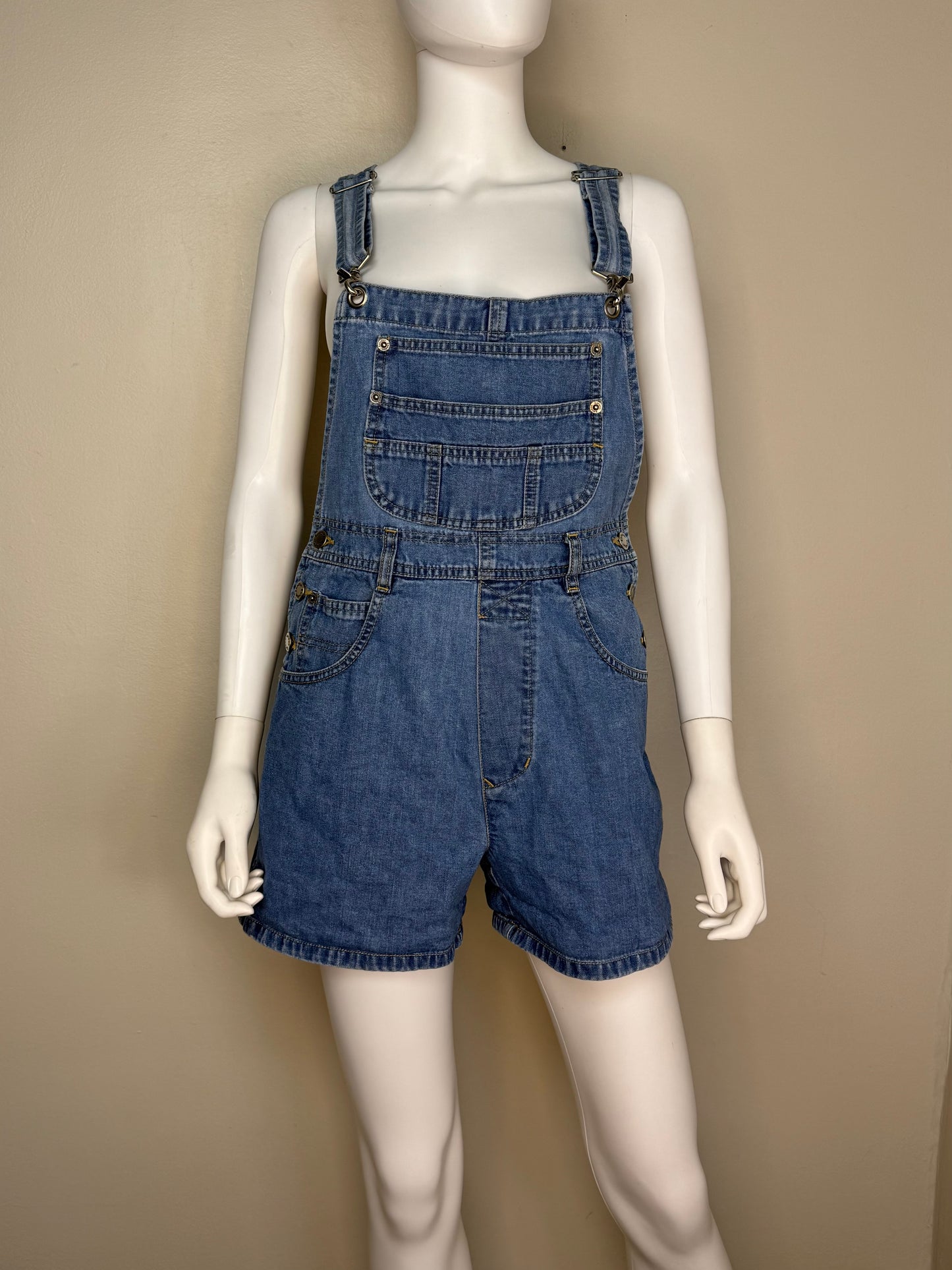 1990s Denim Shortalls with Clip Straps, London London Overalls Size Medium, Blue Jean