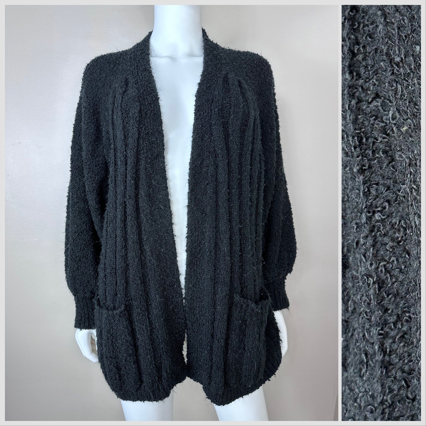 1970s/80s Black Open Cardigan Sweater, Lilly of California Size XL