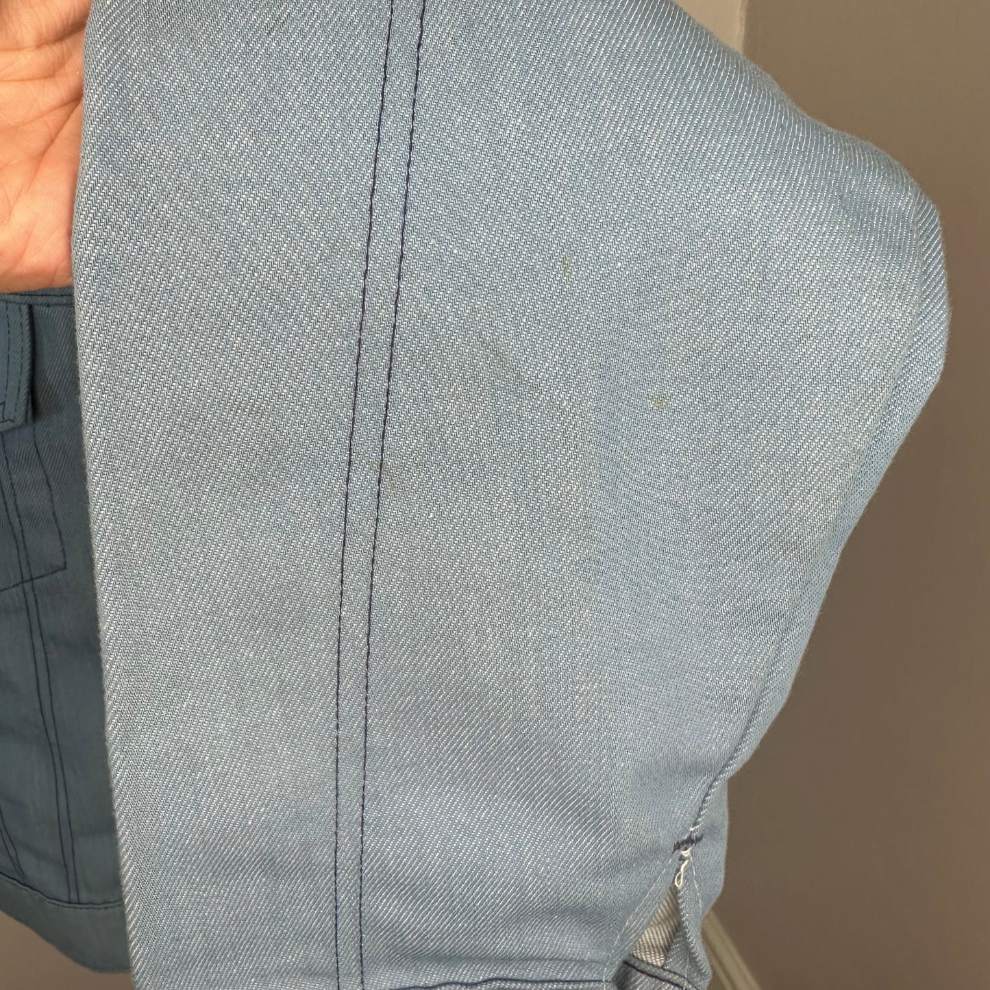 1970s Light Blue Denim Jacket with lots of added Patches, Youth XL/Adult S