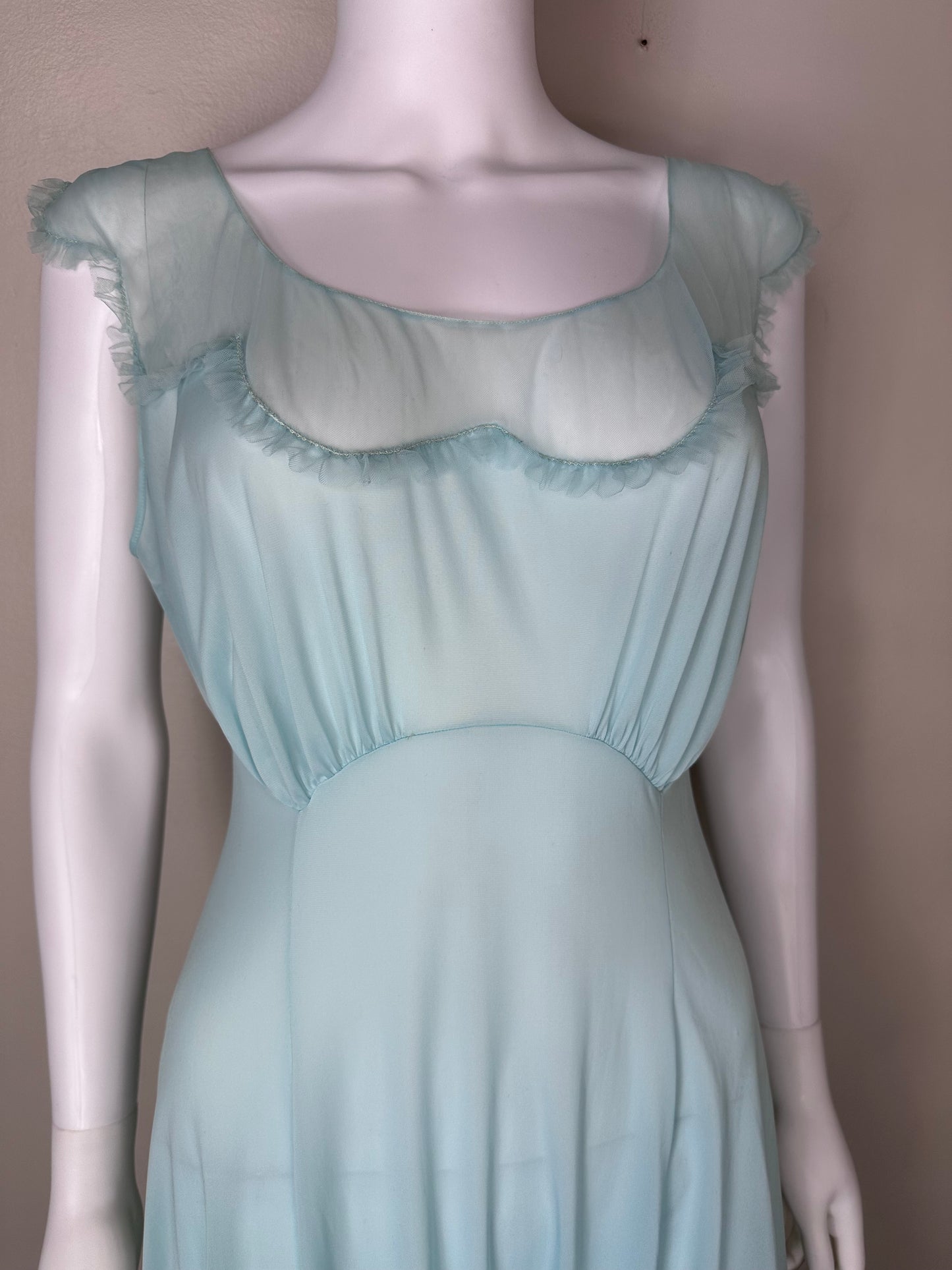 1940s Vanity Fair Nightgown, Size Medium/Large, Pastel Blue Nylon