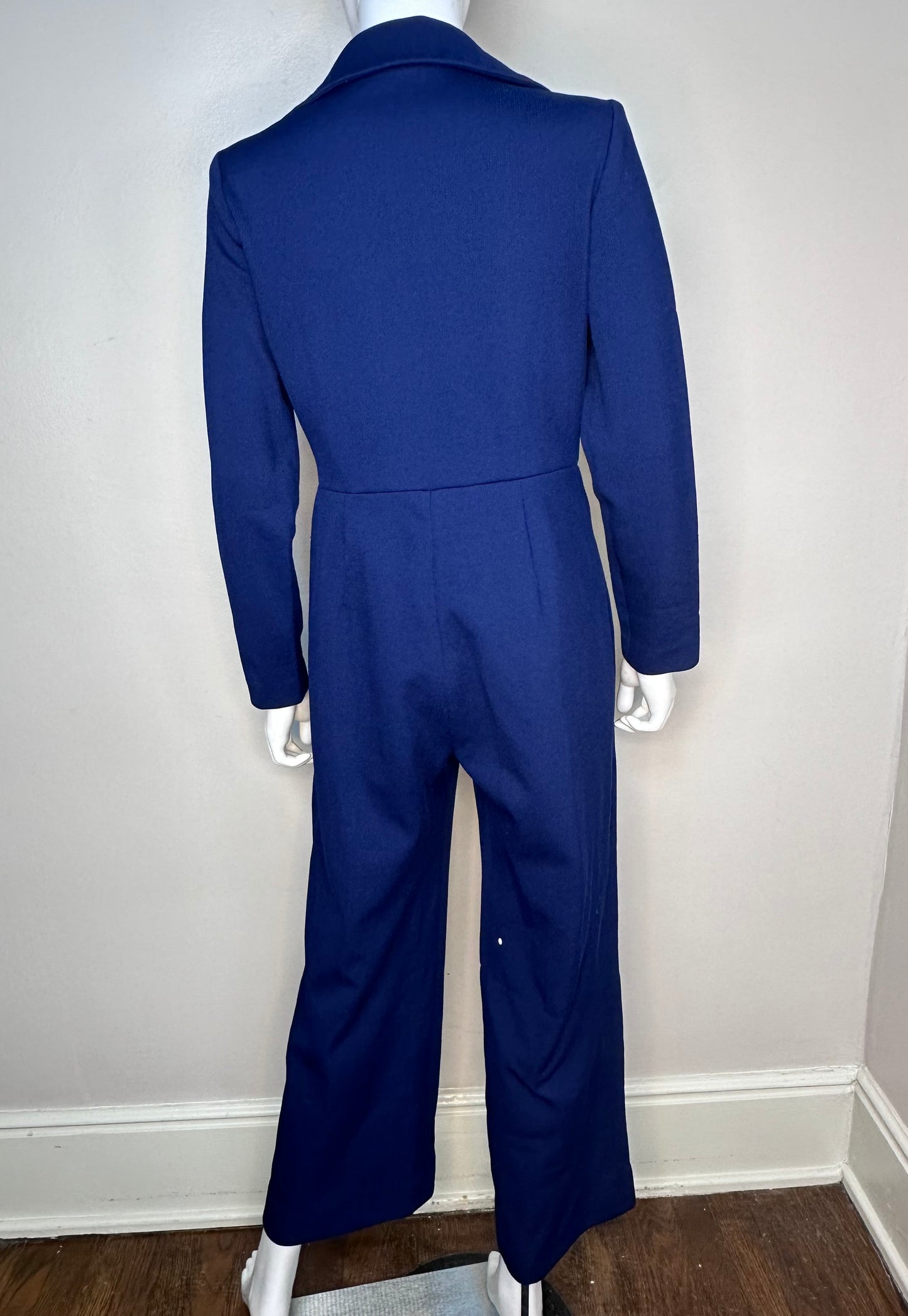 1970s Navy Blue Polyester Zip Up Jumpsuit, Size M/L, Wide Leg