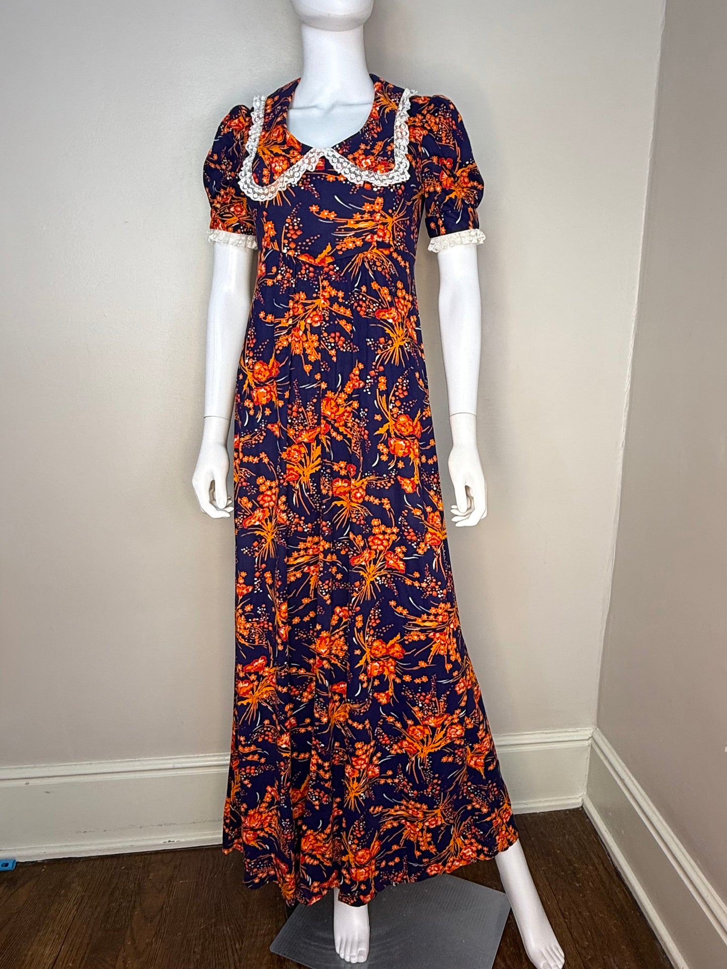 1960s/70s Navy Blue and Orange Floral Maxi Dress, Size Small, Lace Trimmed Platter Collar