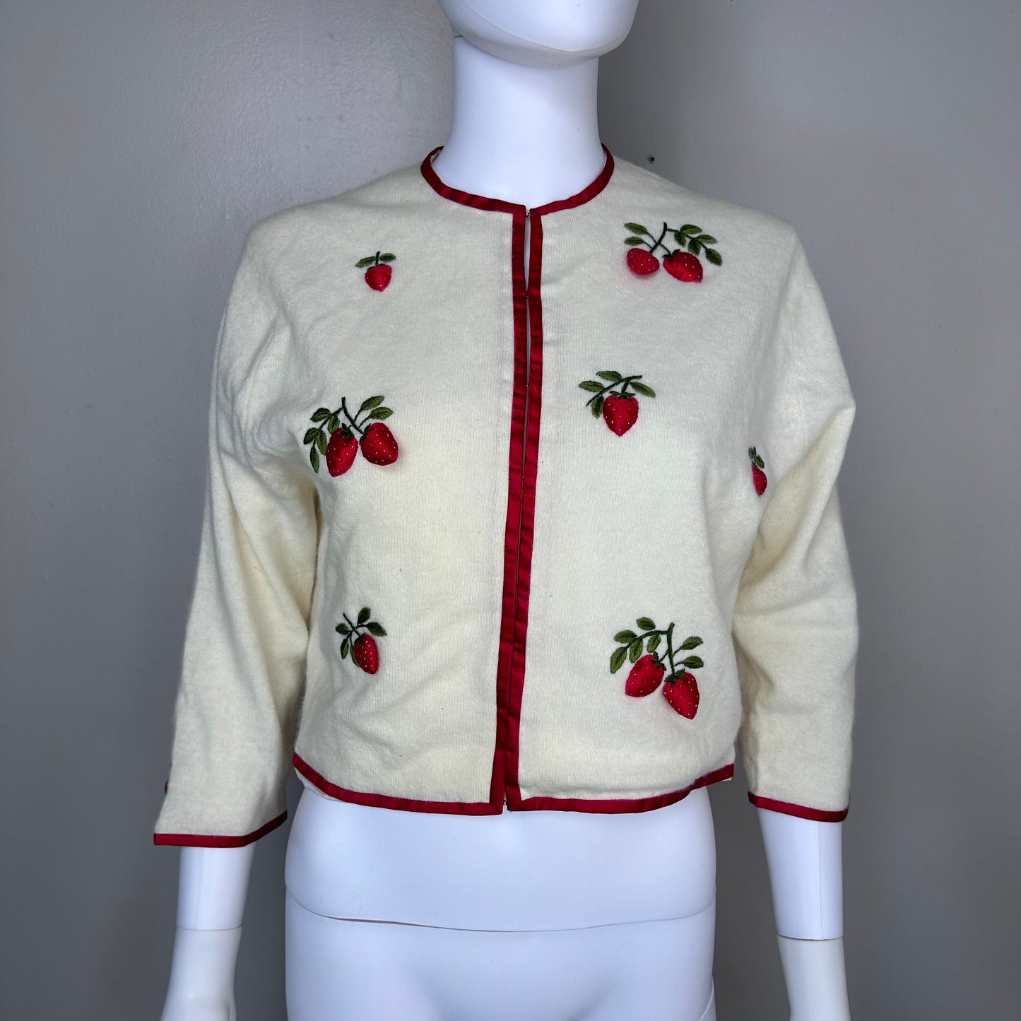 1960s Cardigan Sweater with 3D Strawberries, Doncaster Size Medium