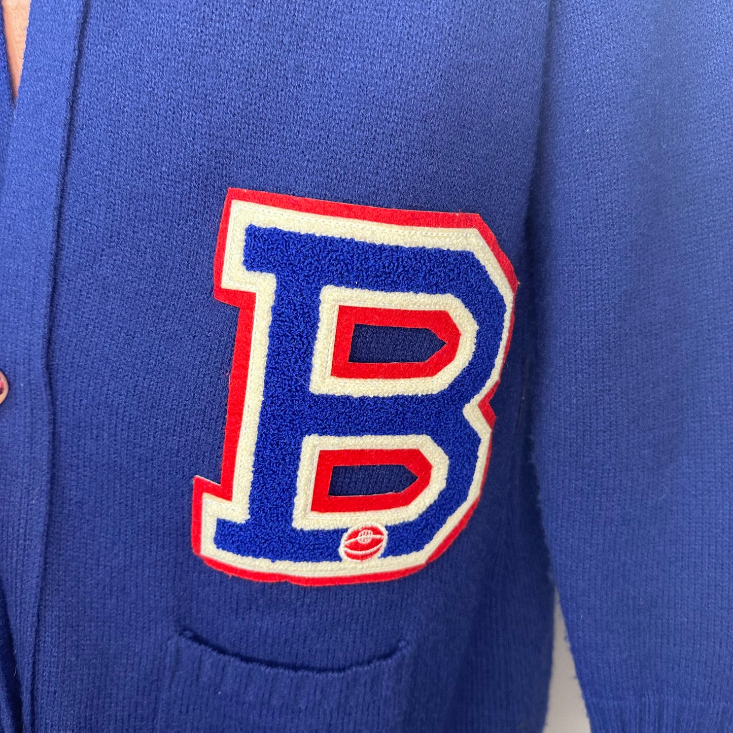 1970s Blue Cardigan with Bartlett Panthers Varsity Patches, Sears Size XL