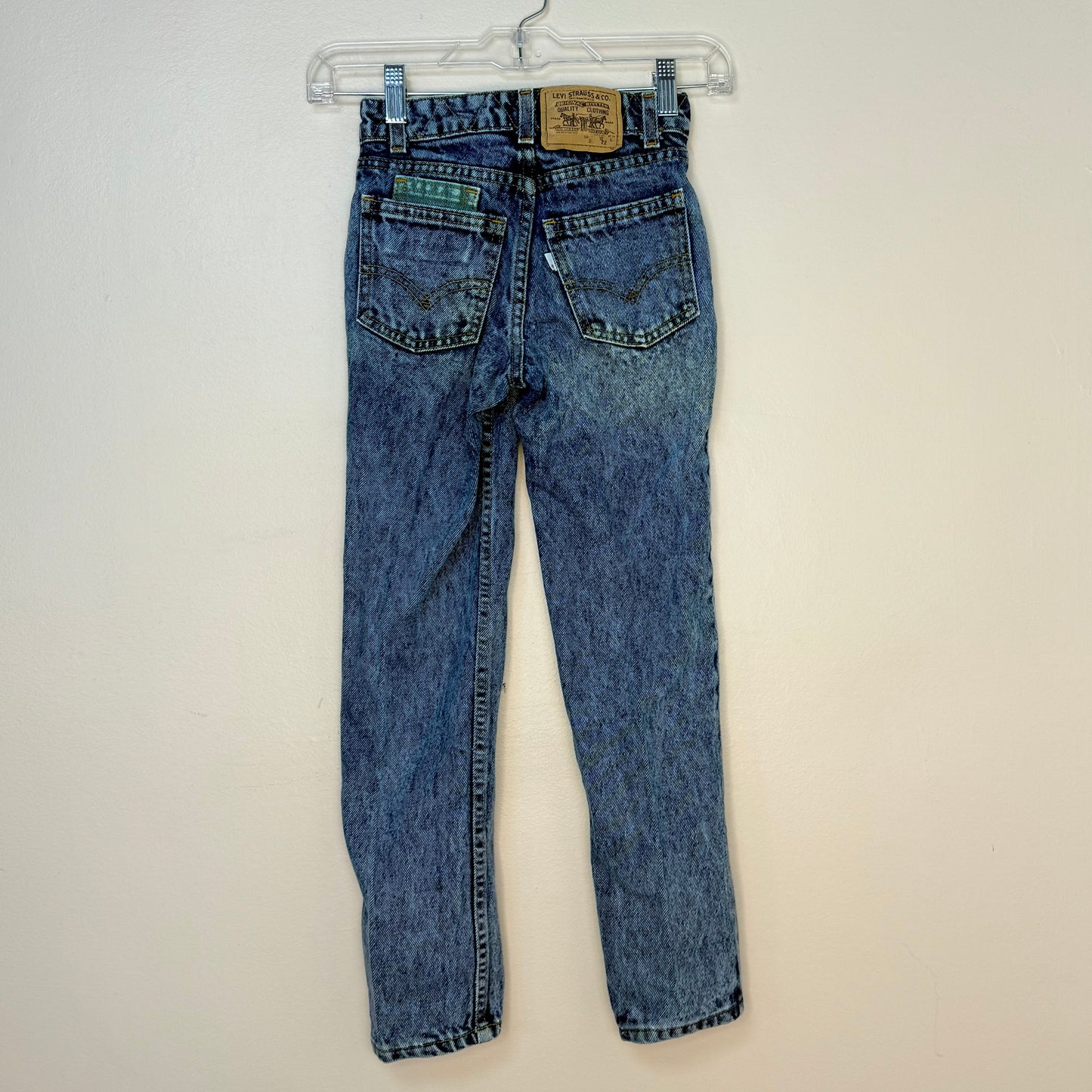 1980s Stone Wash Blue Jeans with Green Denim Accents, Levi’s Size 8, White Tab