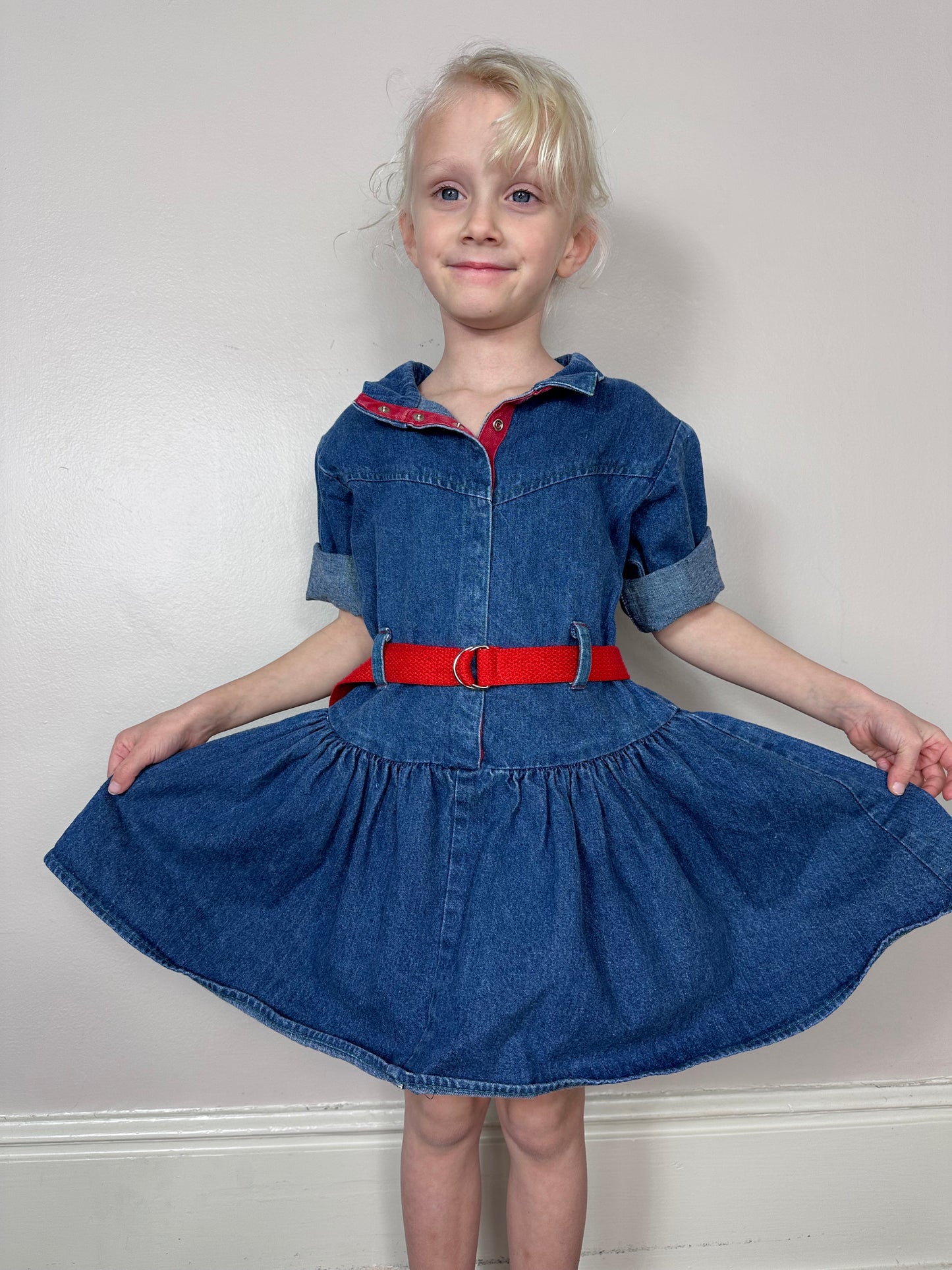 1980s Denim Dress with Red Belt, Oops Too California Size 6X