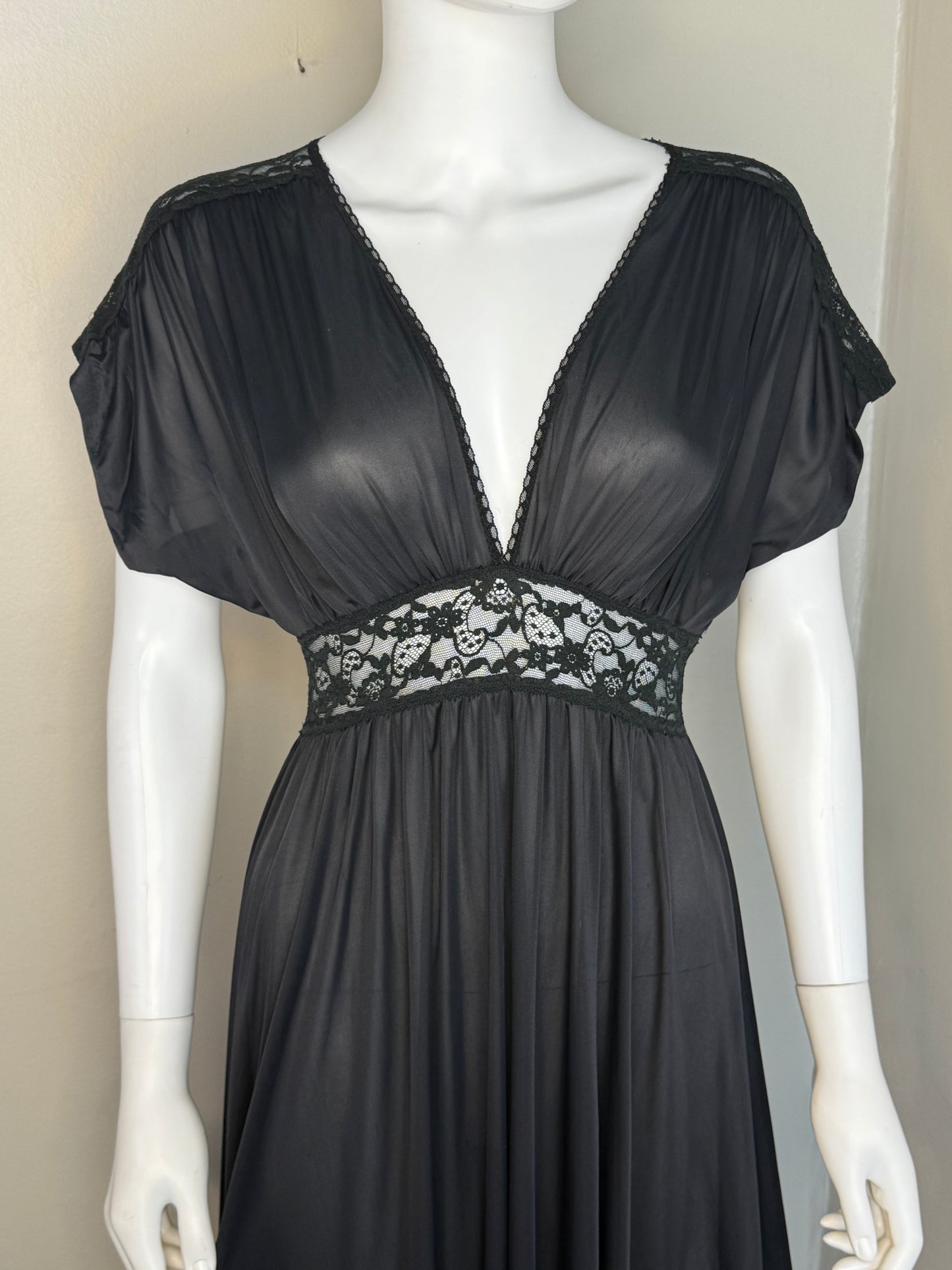 1970s Black Olga Secret Hug Nightgown, Size XS/Small, Lace Cut Outs, Full Length, Lingerie