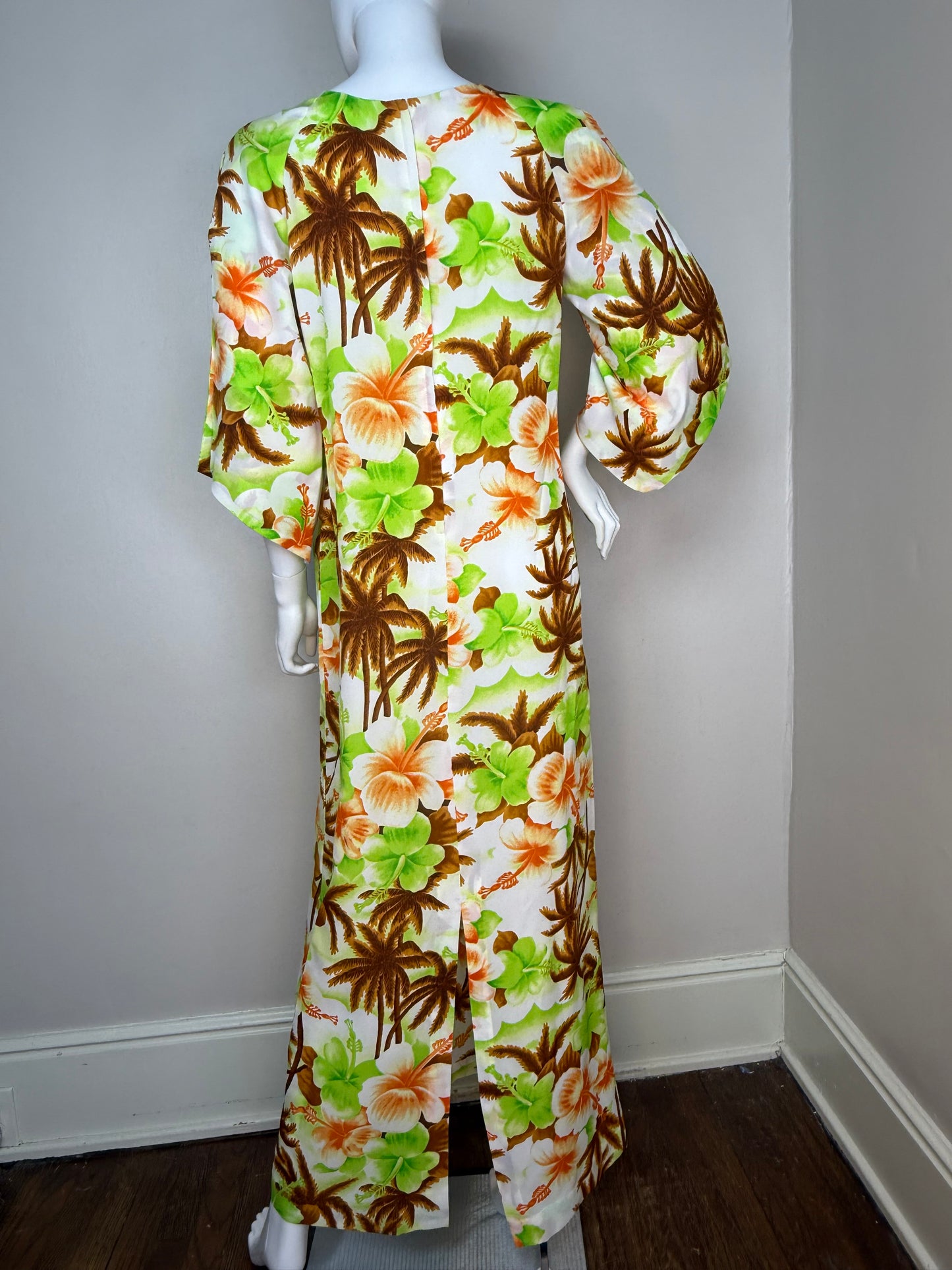 1970s Hawaiian Floral Maxi Dress with Split Bell Sleeves, Pomare Hawaii