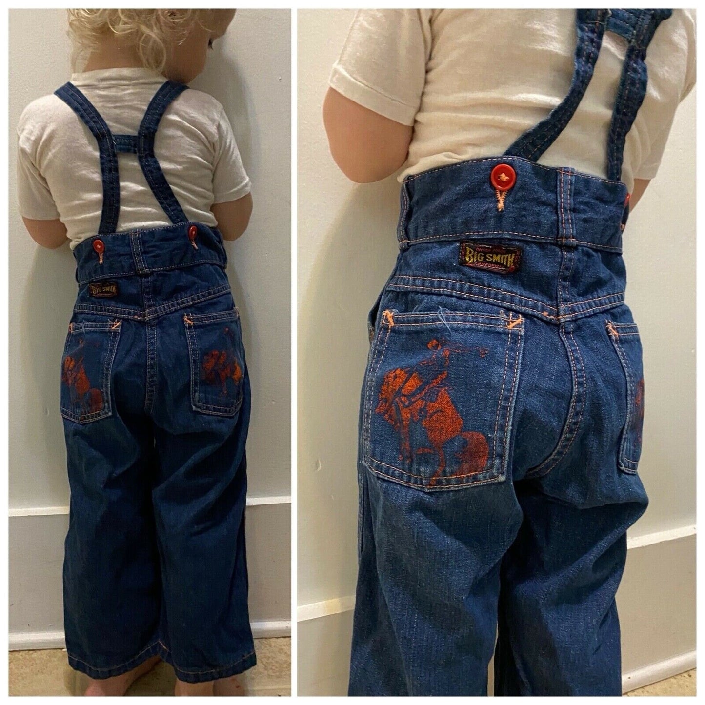 1950s Kids' Big Smith Suspender Blue Jeans, Cowboy Print Pockets, Size 2T