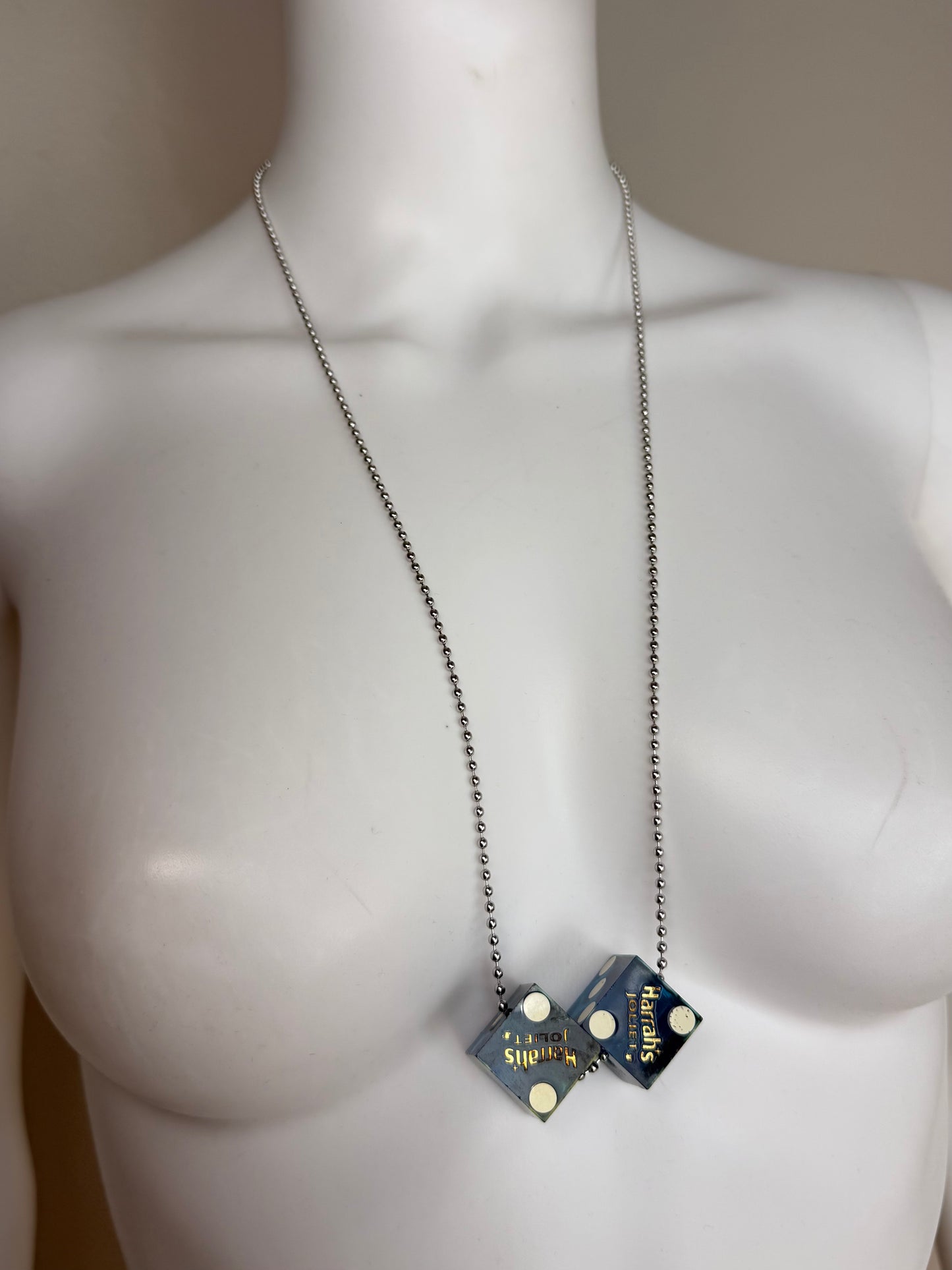 Vintage Dice Necklace, Harrah’s Joliet Casino, Translucent Blue