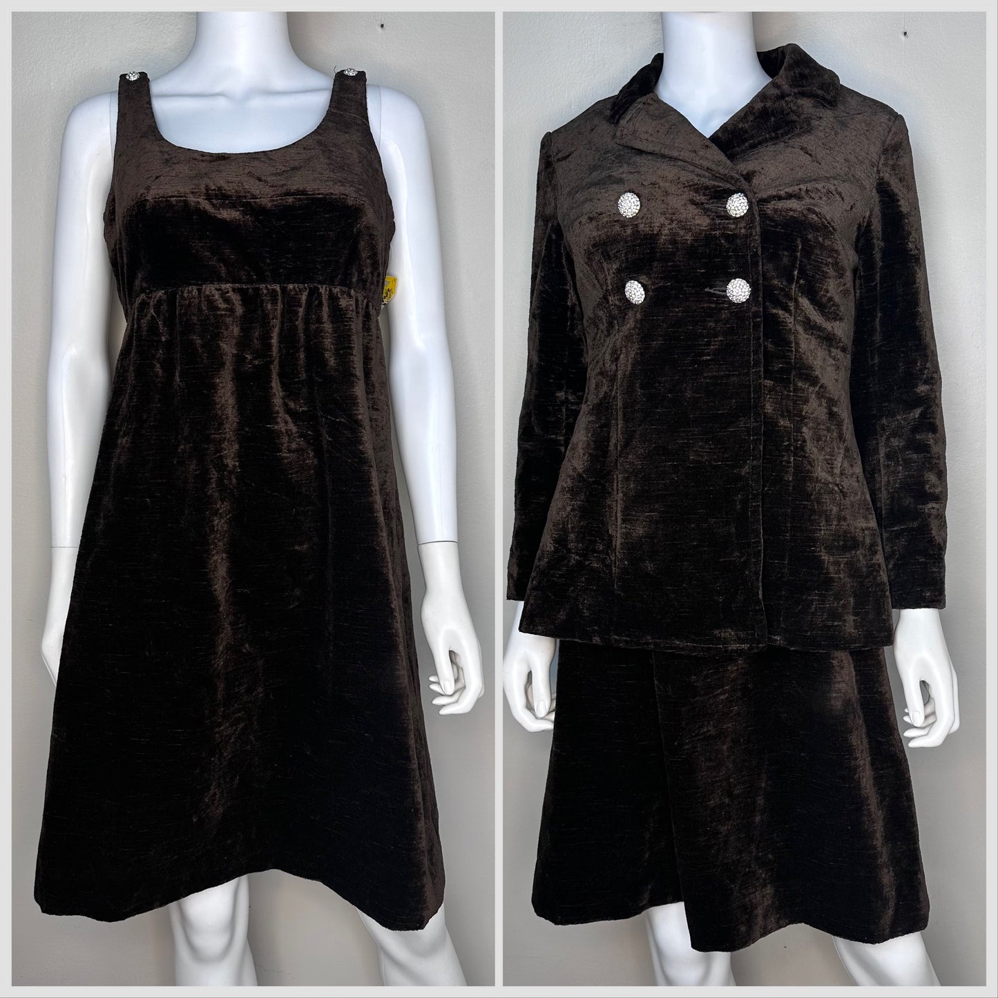 1960s Brown Tapestry Velvet Mod Dress Suit, Junior House Boutique Collection Size Small