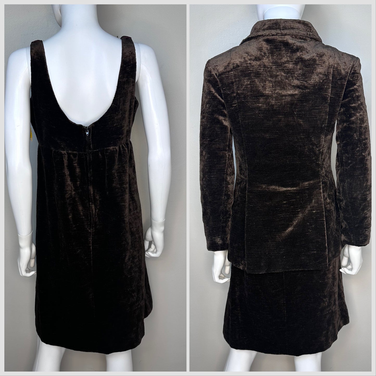 1960s Brown Tapestry Velvet Mod Dress Suit, Junior House Boutique Collection Size Small