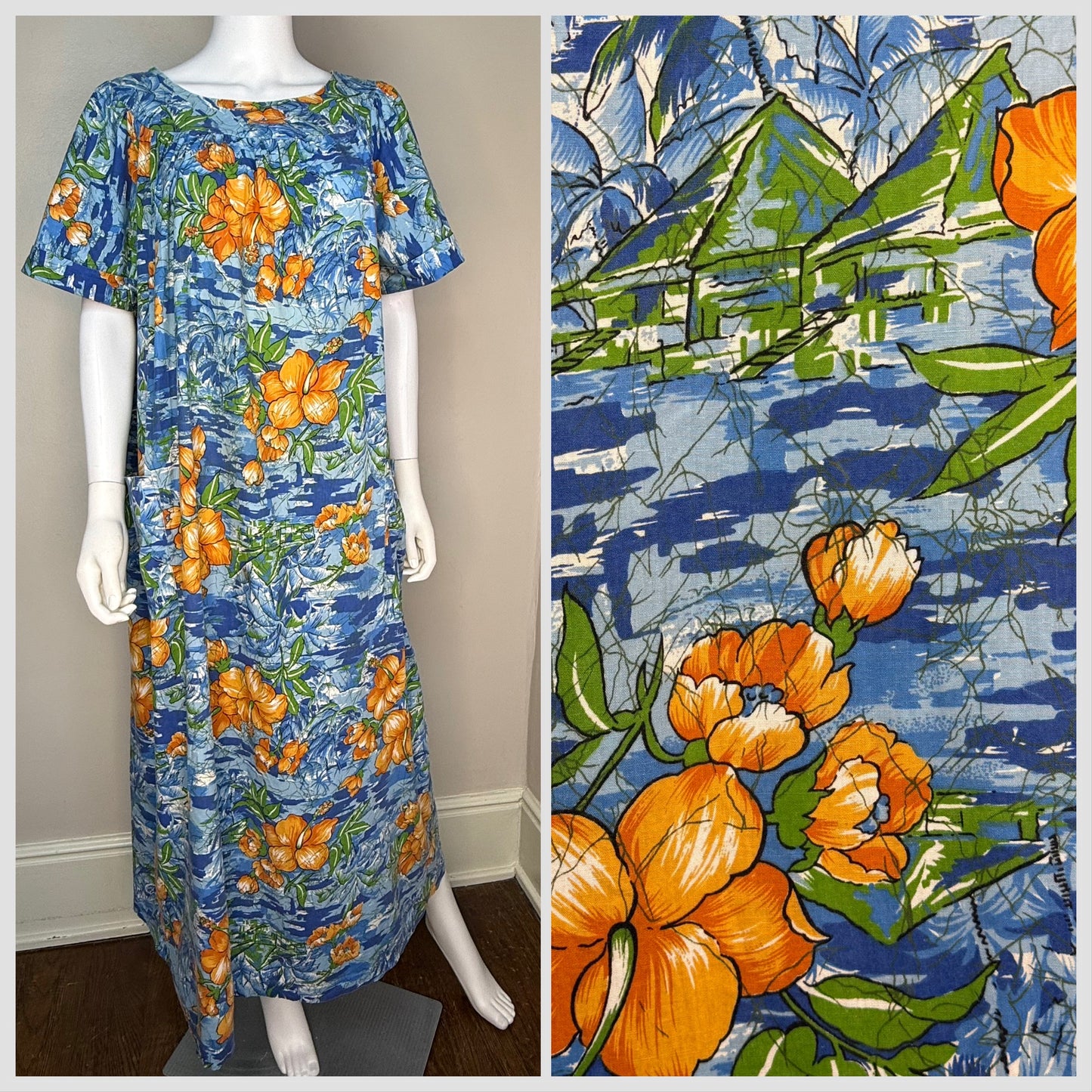 1970s Hawaiian Novelty Print Floral Maxi Dress, Sears Hawaiian Loungers Size Large, Cotton Kaftan Muumuu