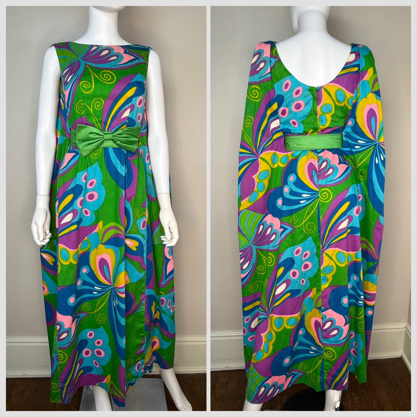 1960s Psychedelic Butterfly Maxi Dress, Alice Polynesian Fashions Size XS