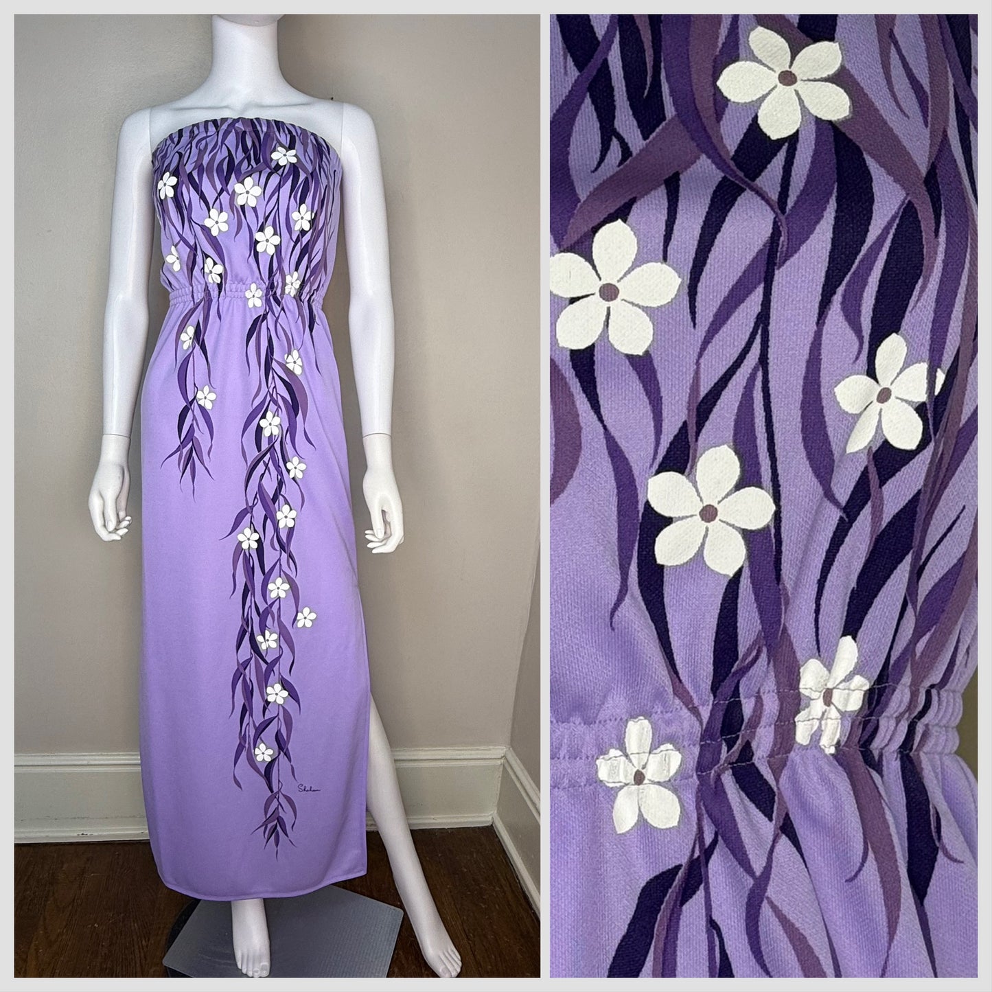 1970s Purple Strapless Maxi Dress, Alfred Shaheen Hawaii Size XS, Hawaiian Sundress