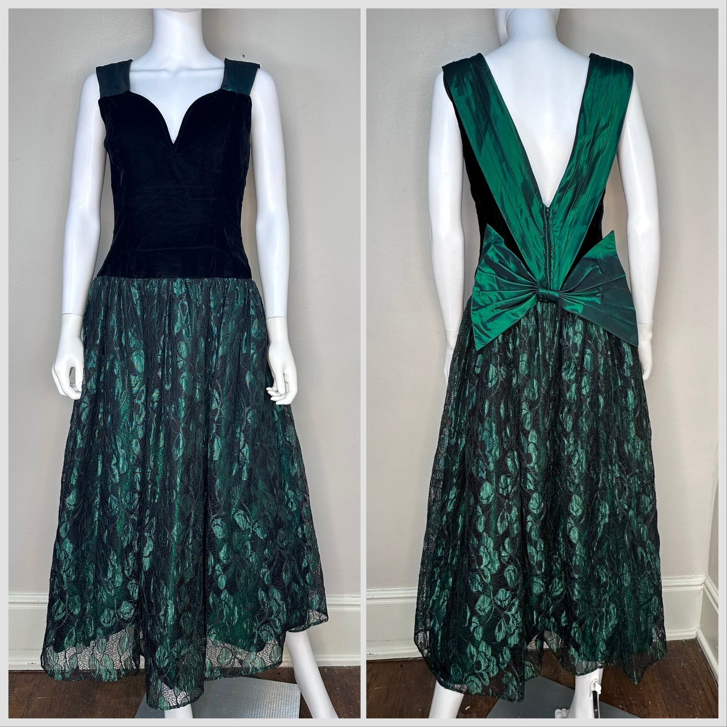 1980s Green and Black Drop Waist Formal Dress, Expo Nite Size Medium, Velvet and Lace, 80s Prom, Deadstock