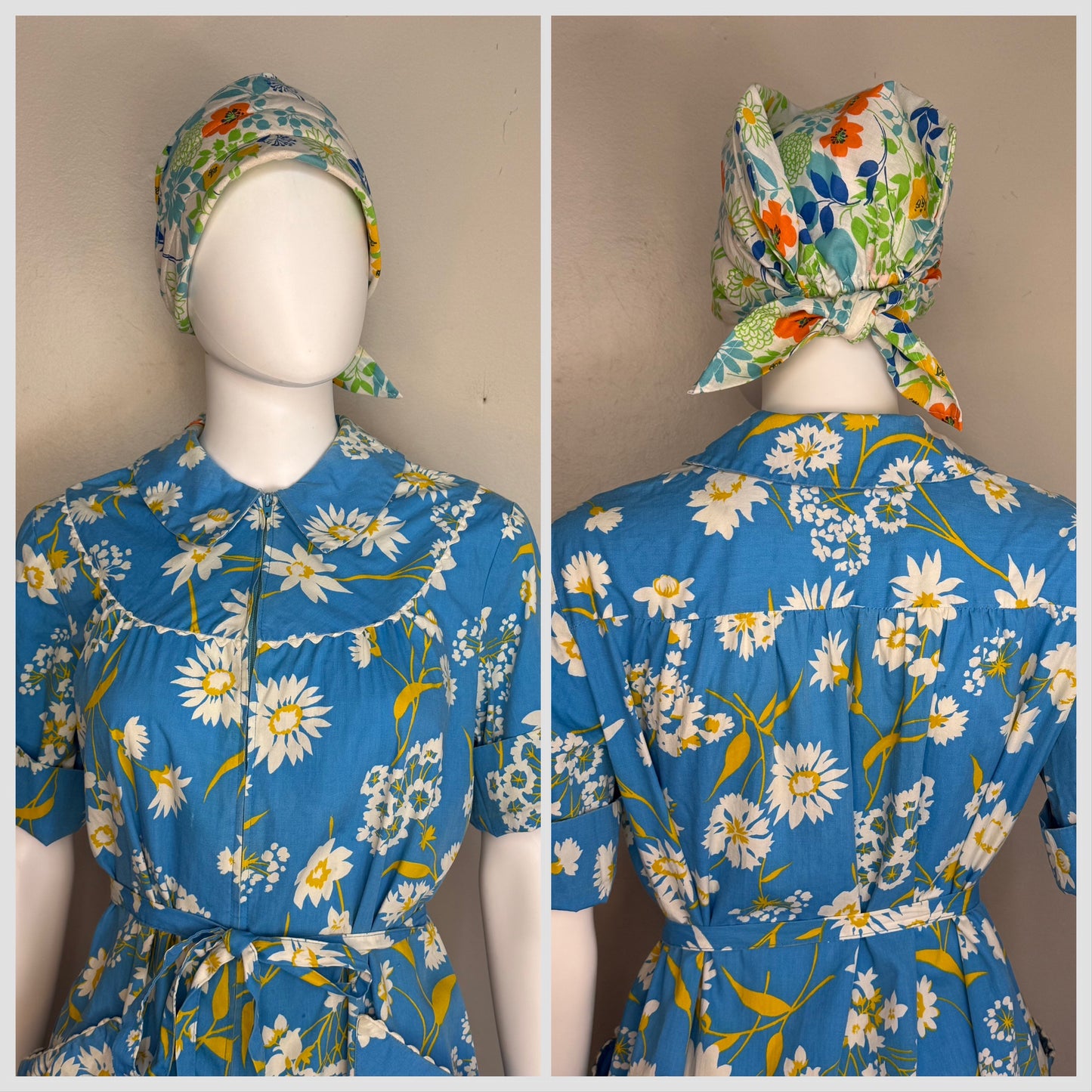 1960s Blue Floral House Dress, Rickrack Trim, Relax-A-Coat by Adele Fashions Size M/L