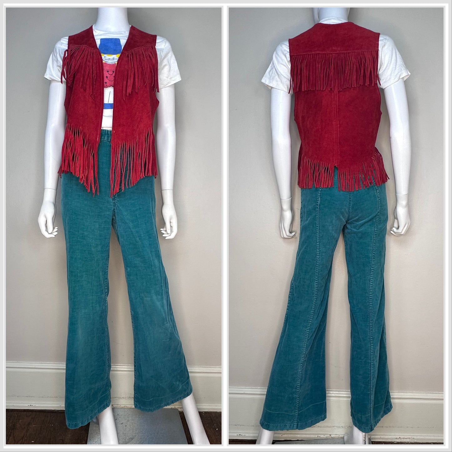 1970s Teal Green Corduroy Bell Bottom Jeans, Dittos 23.75x30.5