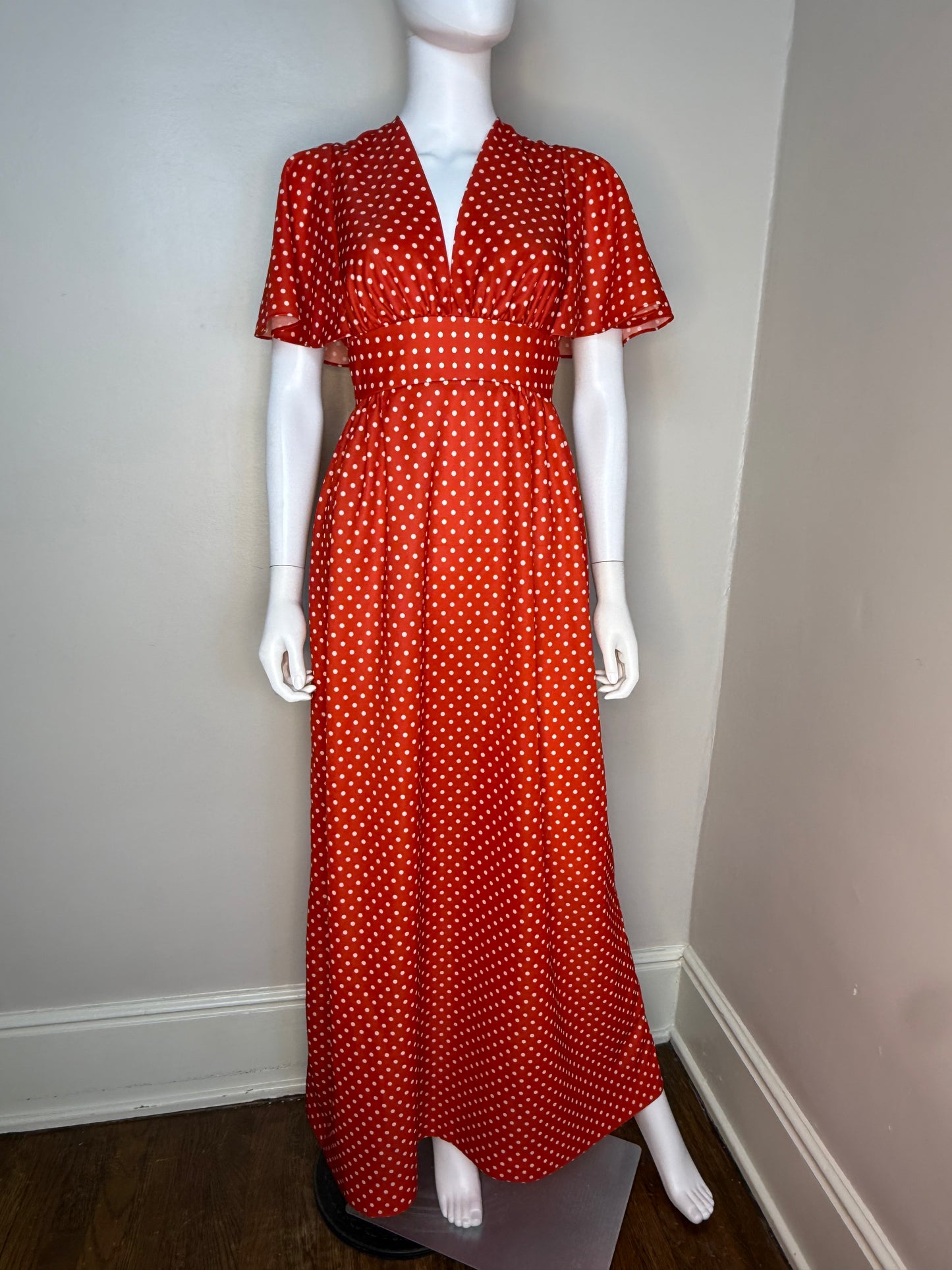 1970s Red and White Polka Dot Maxi Dress, Melissa Lane Size XS