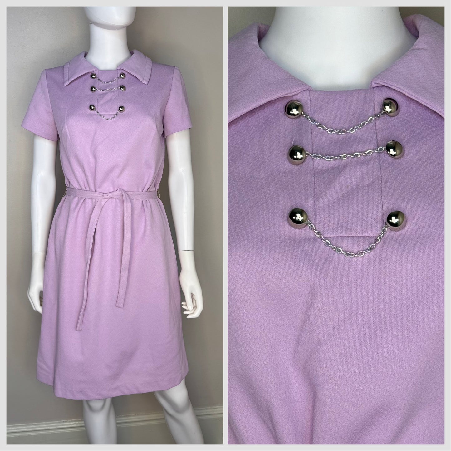 1970s Lavender Mod Dress, Jeanne Size Medium, Double Knit Polyester