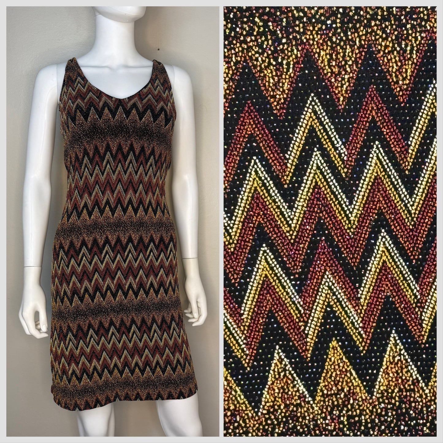 1990s/Y2K Party Dress, Brown and Black Sparkle Missoni Style Zig Zag, Sassy Size Small, Sears