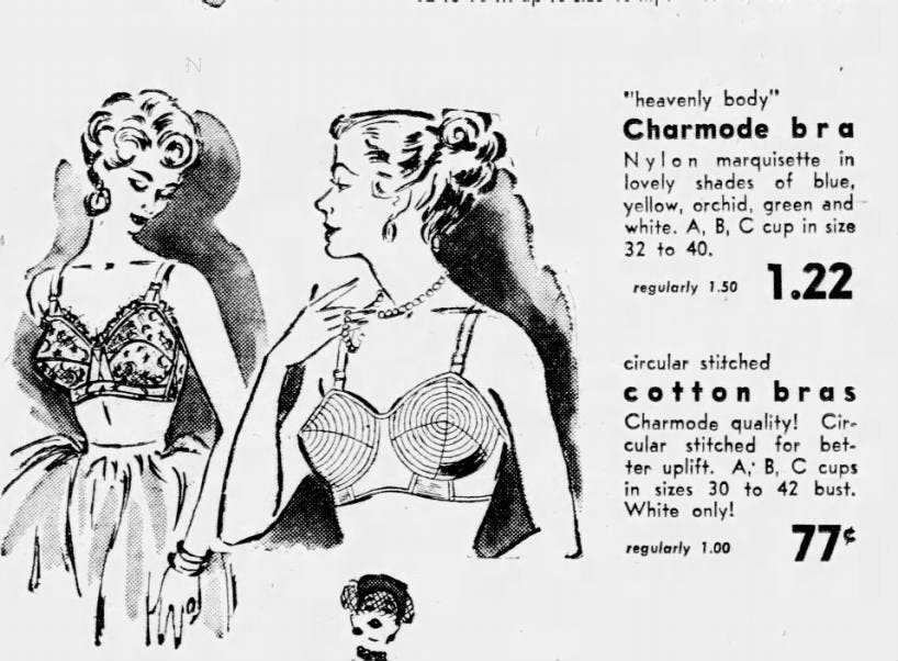 1950s Red Circular Stitched Bullet Bra, Sears Charmode 36C
