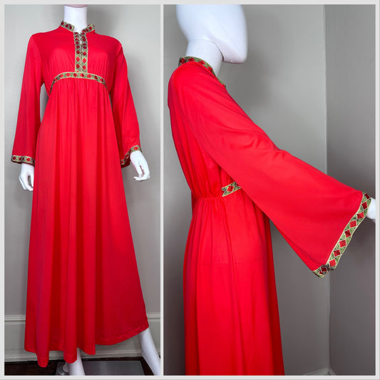 1970s Red Nightgown with Gold Trim, Lorraine Size S/M