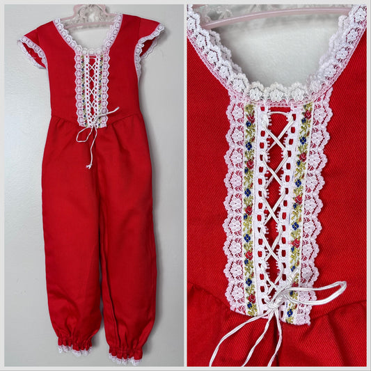 1970s Girls Overall Jumpsuit with Lace Up Bodice, Evy of California size 2T