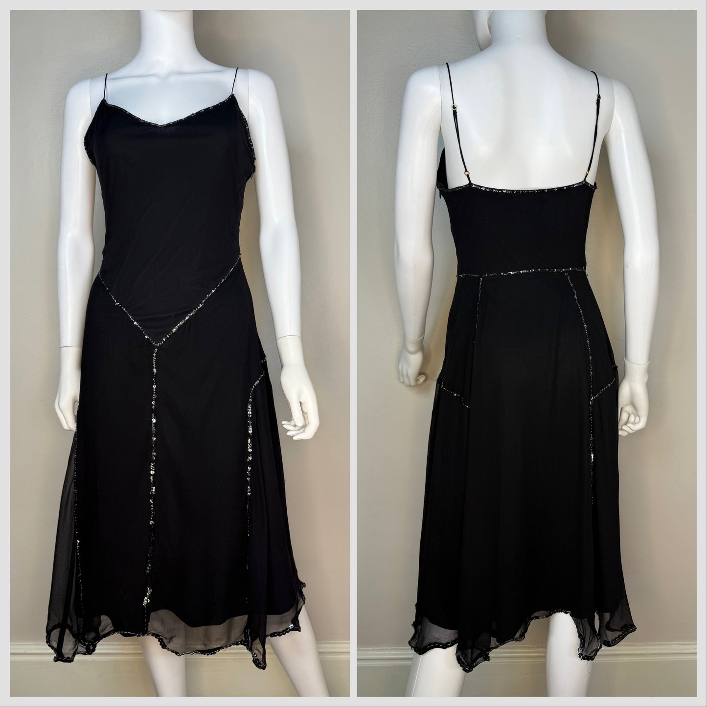 Y2K Betsey Johnson Black Sequin Slip Dress with Zig Zag Hem, Size XS/Small, Sample
