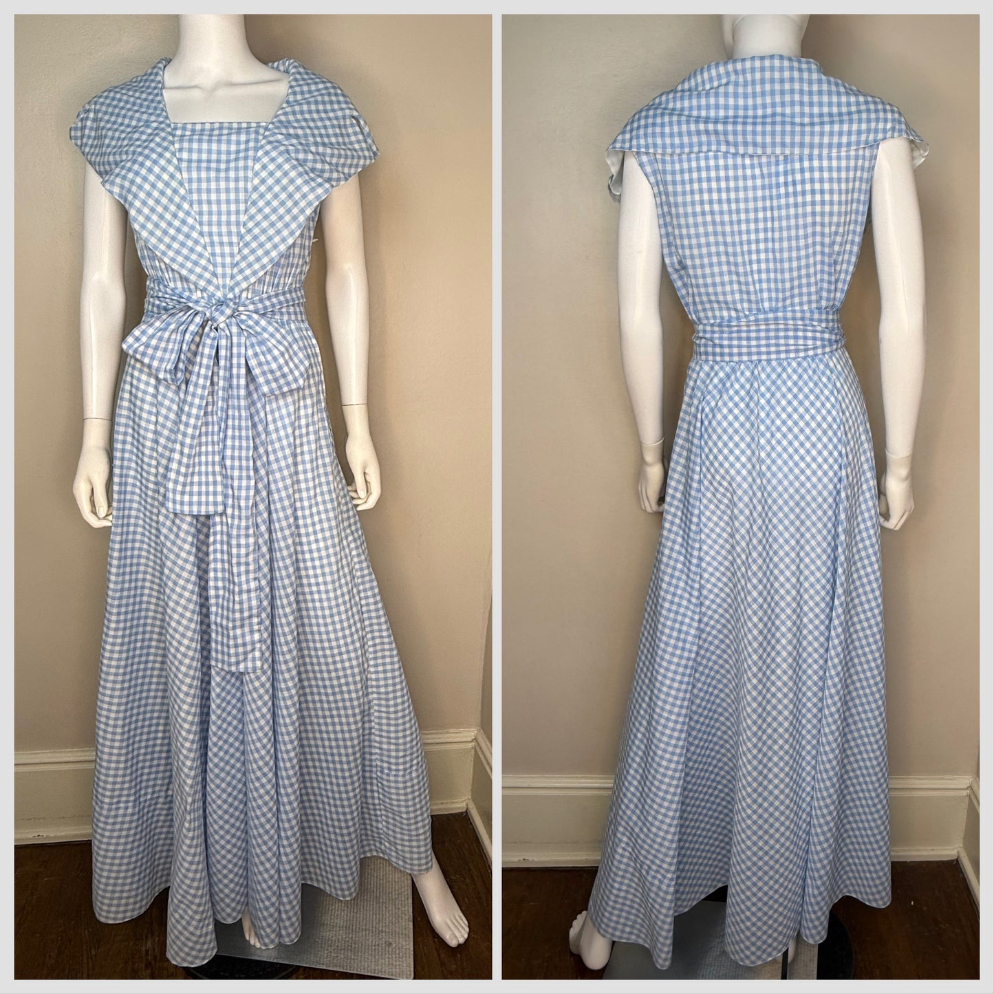 1970s Blue Gingham Maxi Dress, Handmade Size Small/Medium