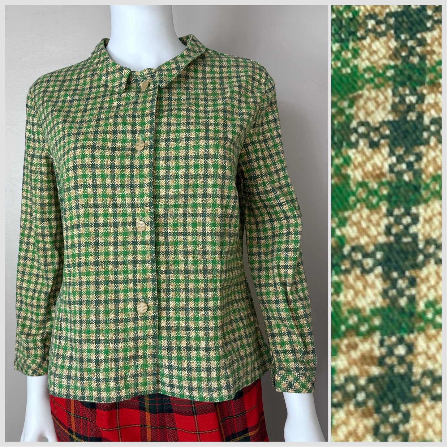 1950s/60s Green Printed Plaid Blouse, Handmade Size Medium
