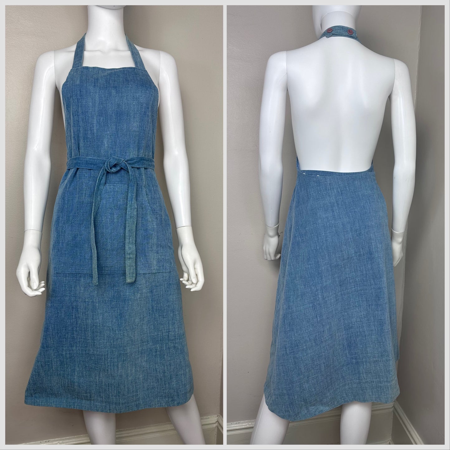 1970s Denim Halter Jumper Wrap Dress, Glenora Jrs Size Medium-Large