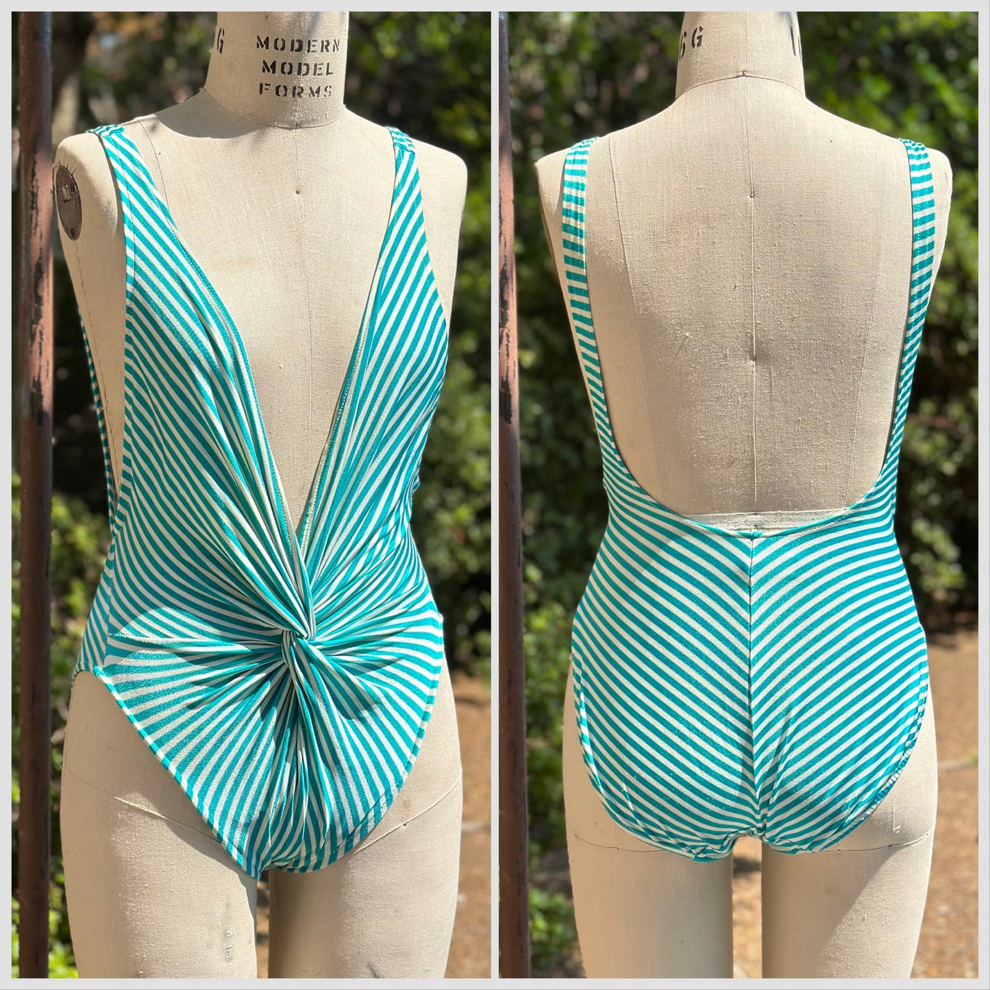 1980s Teal and White Stripe Twist Front One Piece Swimsuit, Petticord Size XS-Small