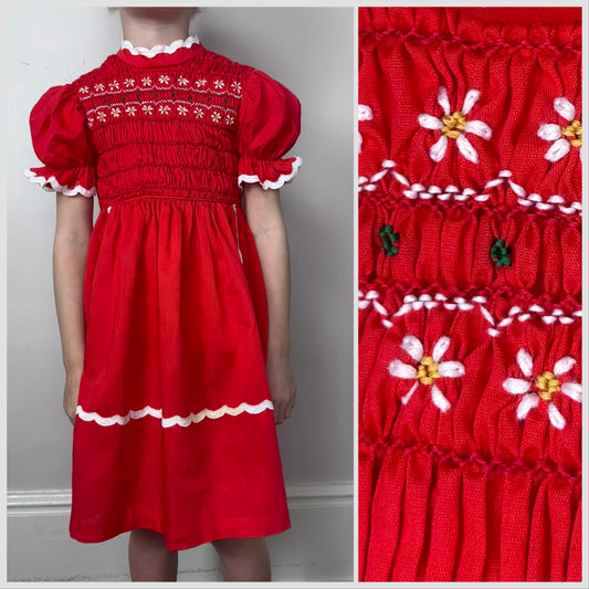 1970s/80s Red Smocked Short Sleeve Dress with Rick Rack Trim, Size 5, Floral